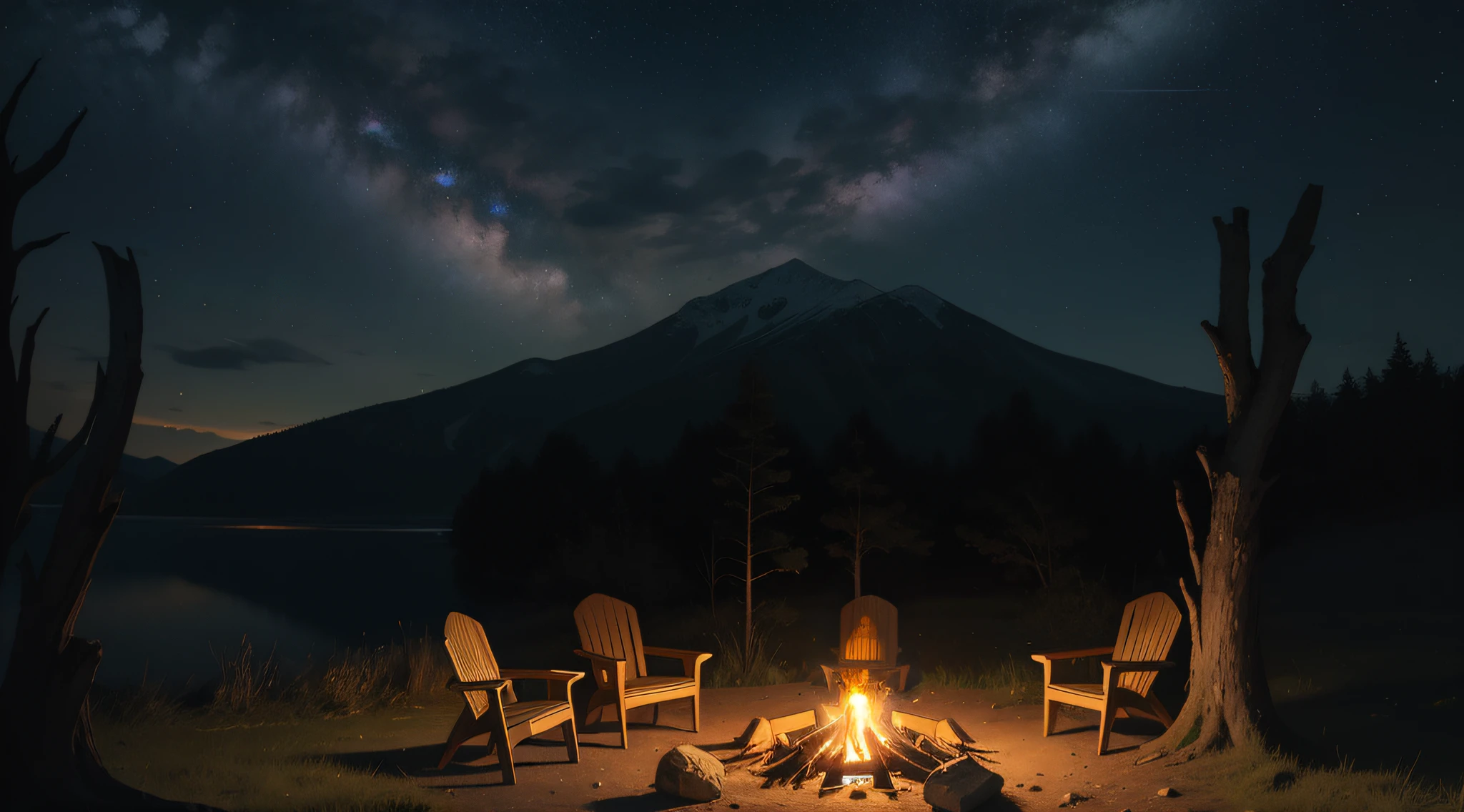 There are three chairs around the campfire，The background is a mountain, at a campfire at night, Outdoors at night, campfire in background, campfire background, night time with starry sky, watching the stars at night, campfires, scenic view at night, sitting on the beach at night, bonfires, moonlit starry sky environment, Outdoor activities at night, Under the stars