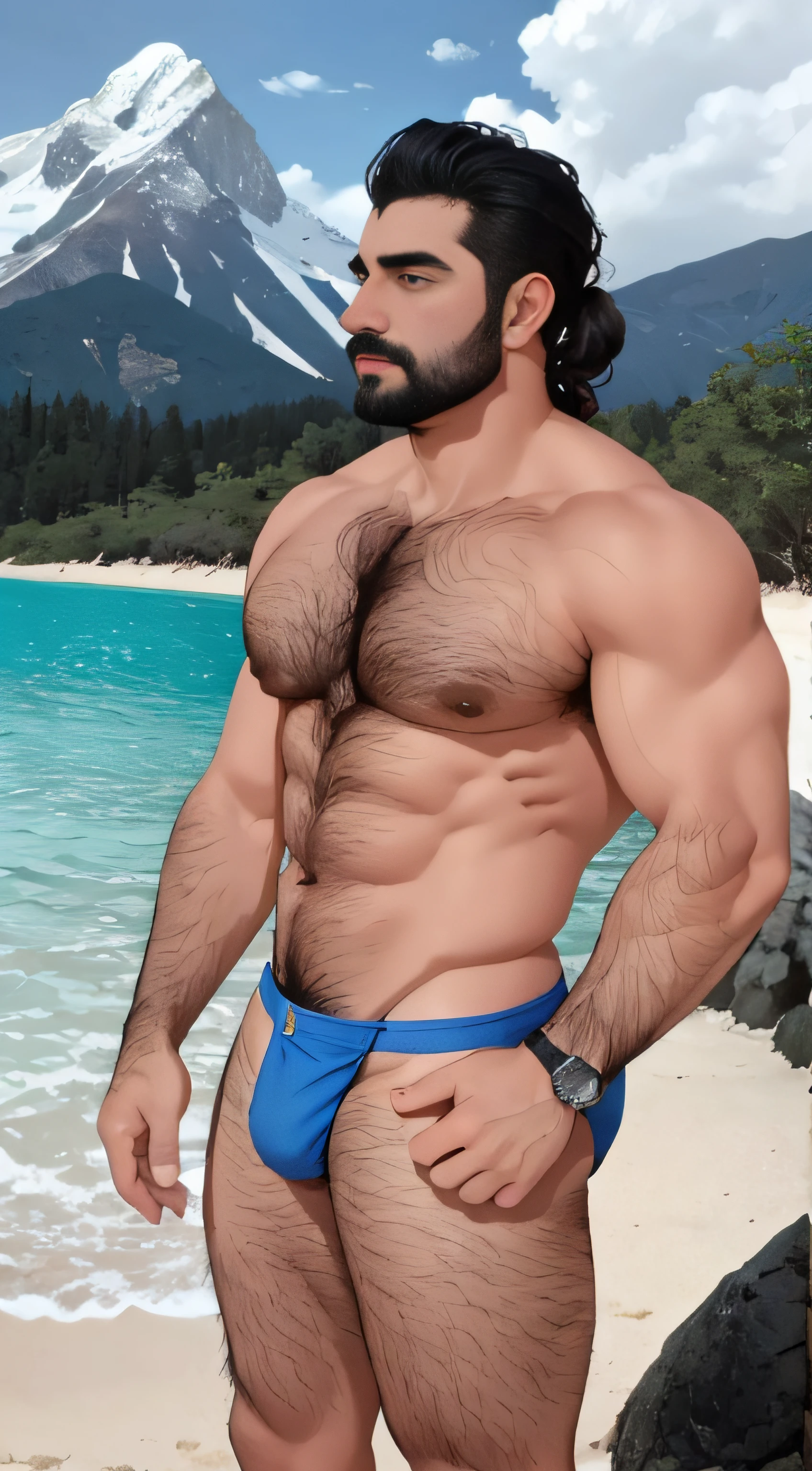 barbado, Shirtless man standing in front of a mountain, Super buff y cool, pecho peludo y cuerpo peludo, pecho peludo, Pelo en el pecho, 30 years old man :: atletic, pecho peludo desnudo, vello escaso en el pecho, cuerpos peludos, torso peludo parcialmente masculino, inspirado por Maluma
