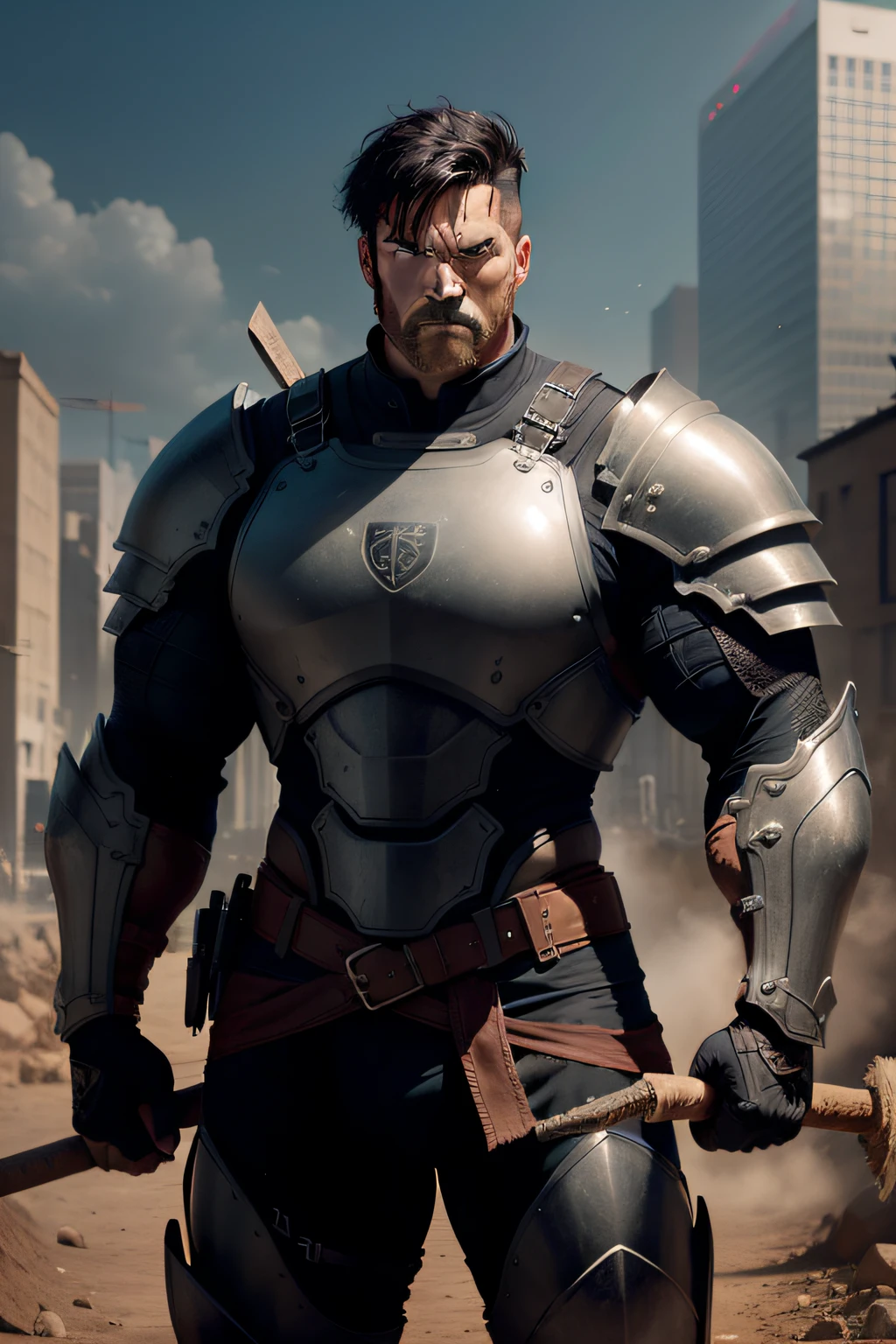 man, strong, with large body armor, short black hair, with an ax in the back, serious face