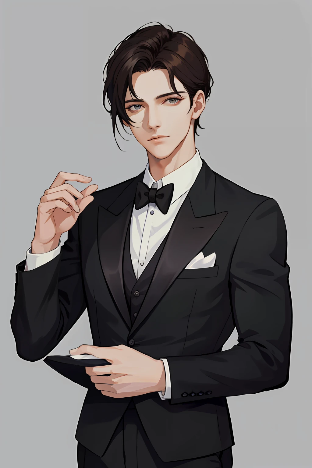 ​masterpiece, top-quality, realisitic, 1 persons, Men's Focus,, tall muscular, a handsome, Adonis,Beautiful Youth、 portraitures, extra detailed face, (Dark hair), Untidy hair, Simple suit、Black tie、white plain background