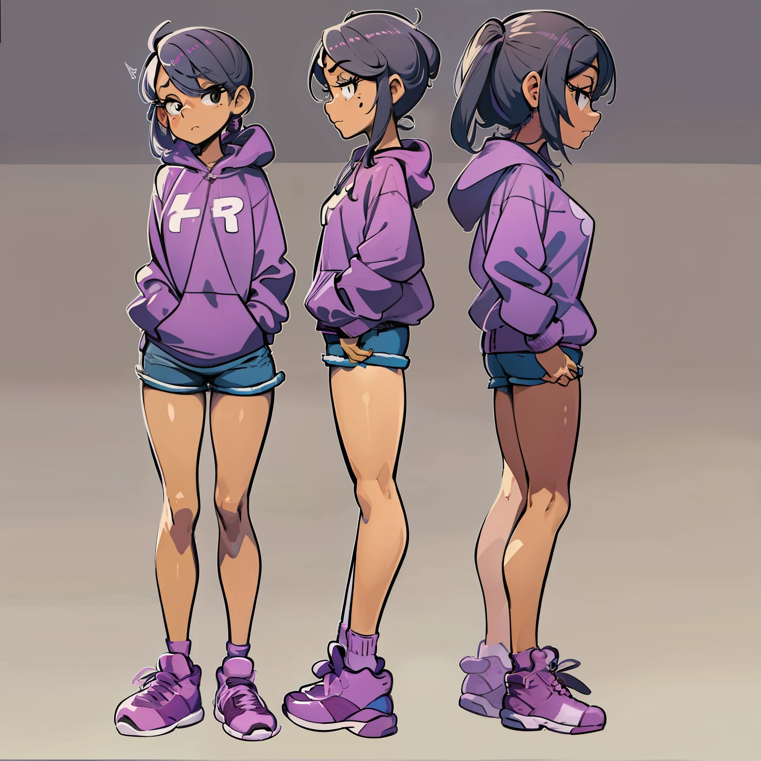 Ronnie Anne, purple hoodie, shorts, black eyes, ponytail, tanned skin, full body, curvy arms, defined legs, (same character front, back, side view) cartoon-anime