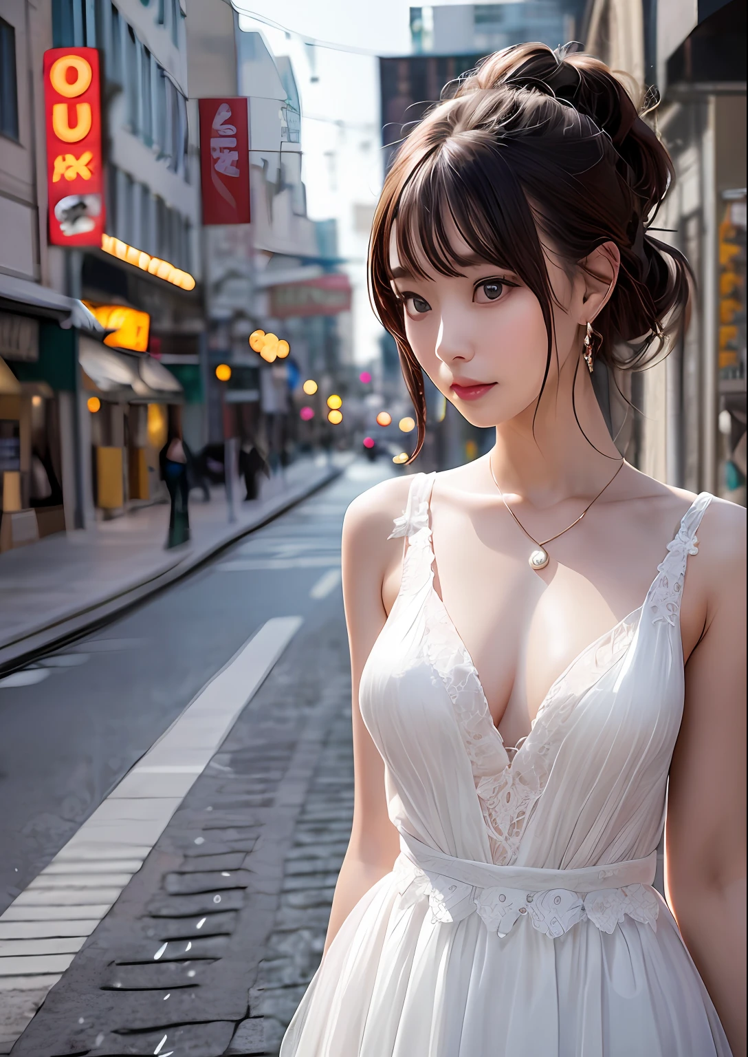 (Standing on a dark street),(streetlights),(low-key lighting),(natta),Random posture, (extremely delicate and beautiful work), (masterpiece), 1girl, a girl in a white dress, highDetails, West Creek, Warped ponytail, Charming look, Beautiful and clear eyes, green pupils, delicate necklaces, Delicate earrings, (fullnude)、Simple blurred background, Super Detailed Description, Beautiful fece, Charming, Ultra-definition painting, delicated face, Delicate figures, thin clavicle, Beautiful lips, Beautiful breasts, Soft back view, mix4,(8k, RAW Photography, Top image quality, masterpiece:1.2), (realistic, realistic:1.37),1人,cute little,A city scape, natta, Sateen,wetty、Professional Writing、Photon Mapping、Radio City、physically-based renderingt、