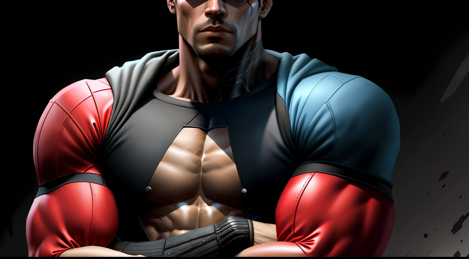 Fit man with arms crossed, usando um moletom vermelho sem mangas e com capuz cobrindo todo seu rosto, com um fundo preto cyberpunk, desenho bem detalhado e realista