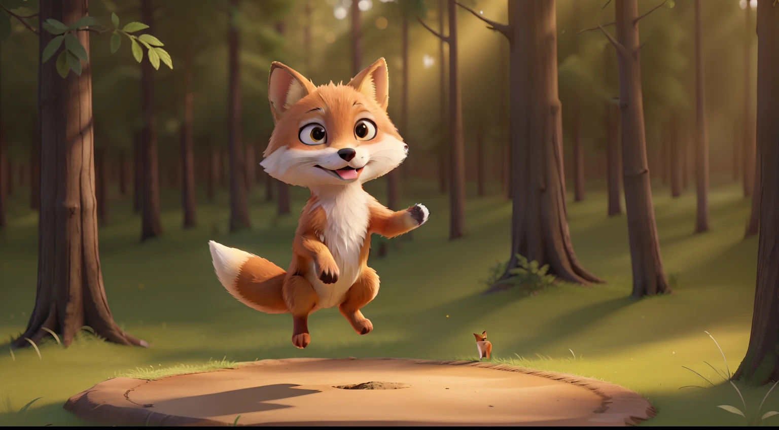 "a young fox jumping very high with a magical golden light, in the middle of the forest" ((Best Quality)), ((masterpiece)), (detail: 1.4), 3D