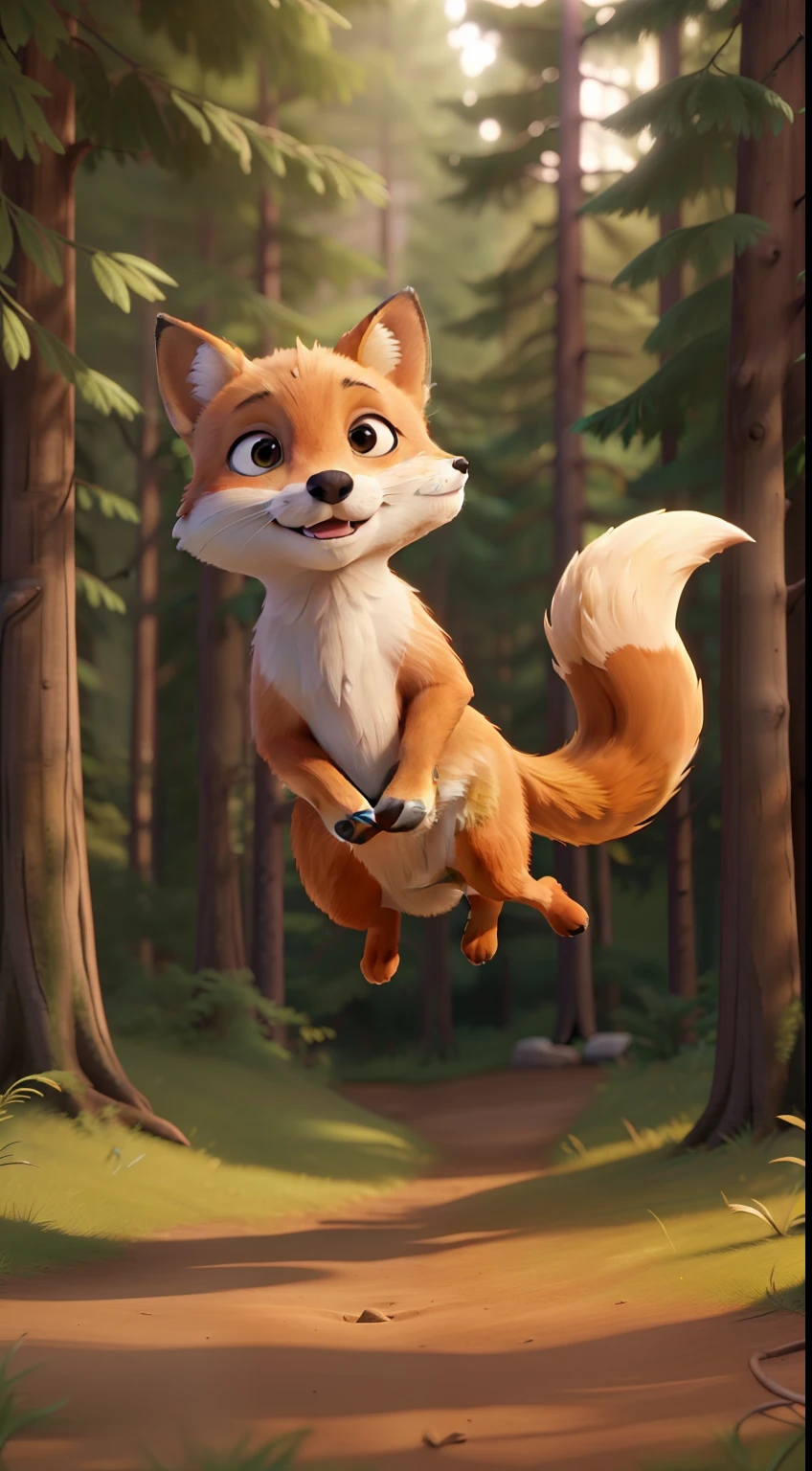 "a young fox jumping very high with a magical golden light, in the middle of the forest" ((Best Quality)), ((masterpiece)), (detail: 1.4), 3D