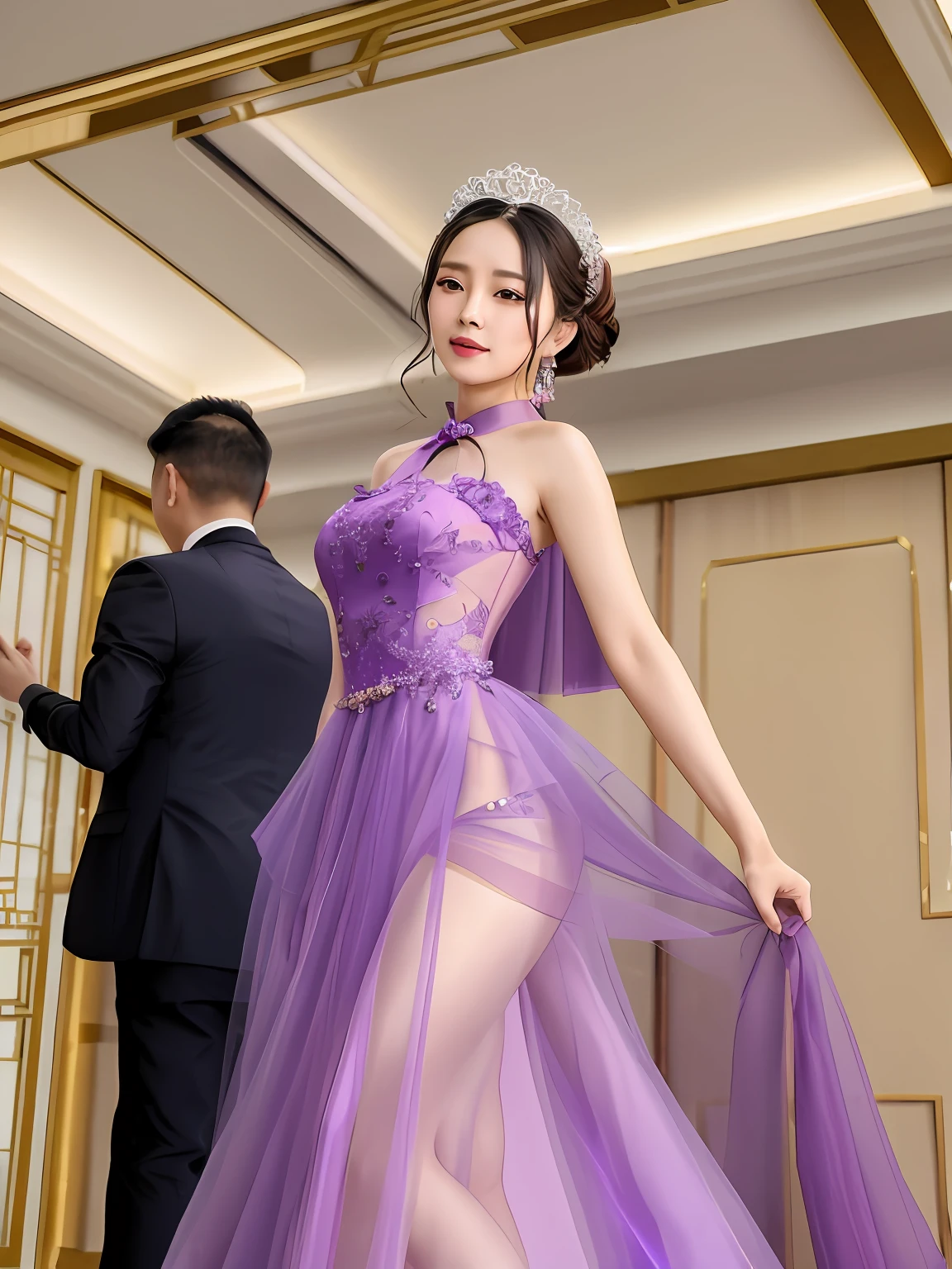 there is a woman in a dress that is standing in a room, wearing organza gown, Lovely woman, xintong chen, shaxi, wenfei ye, wearing purple romantic tutu, Cheongsam, Translucent dress, Gorgeous lady, Bandeau Dress, 2 0 2 0 fashion, 8K)), xision wu, ruan jia beautiful!