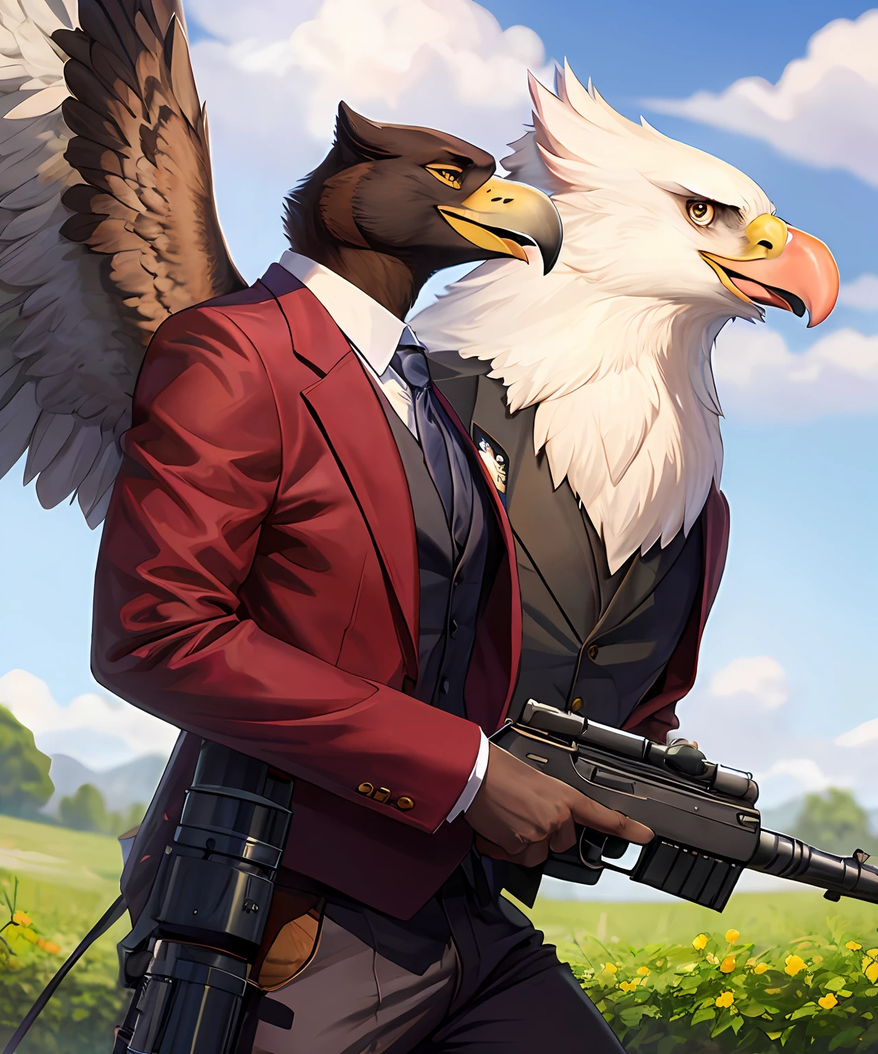 Eagle wearing a suit and holding a machine gun