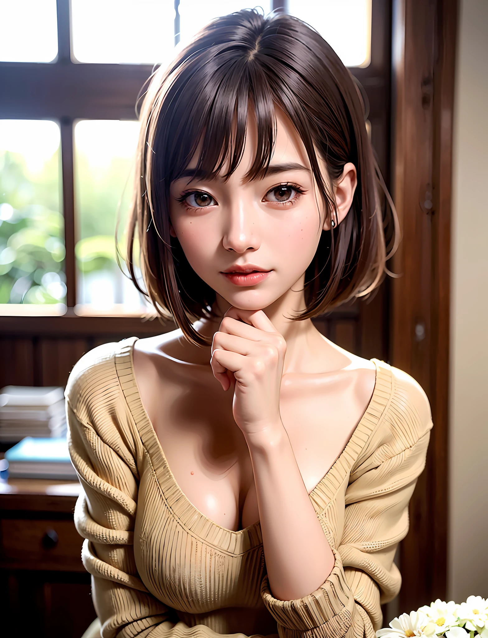 女の子1人、top-quality、realisitic、独奏、depth of fields、Natural light、during daytime、inside in room、魅惑的、lipgloss、beauitful face、Cleanliness、Pure face、de pele branca、kawaii、short-hair、the beach、rays of sunshine、nedium breasts、full body Esbian、((Sweaters、With light brown eyes、Beautiful face of golden proportions、Tall cute supermodels))、long neck、Put your ears out、Clean short bob hair with bangs、Close your mouth and smile happily、Perfect fingers、perfect hand、Perfect body、face perfect、Shine a light into the eyes、Perfect Anatomy