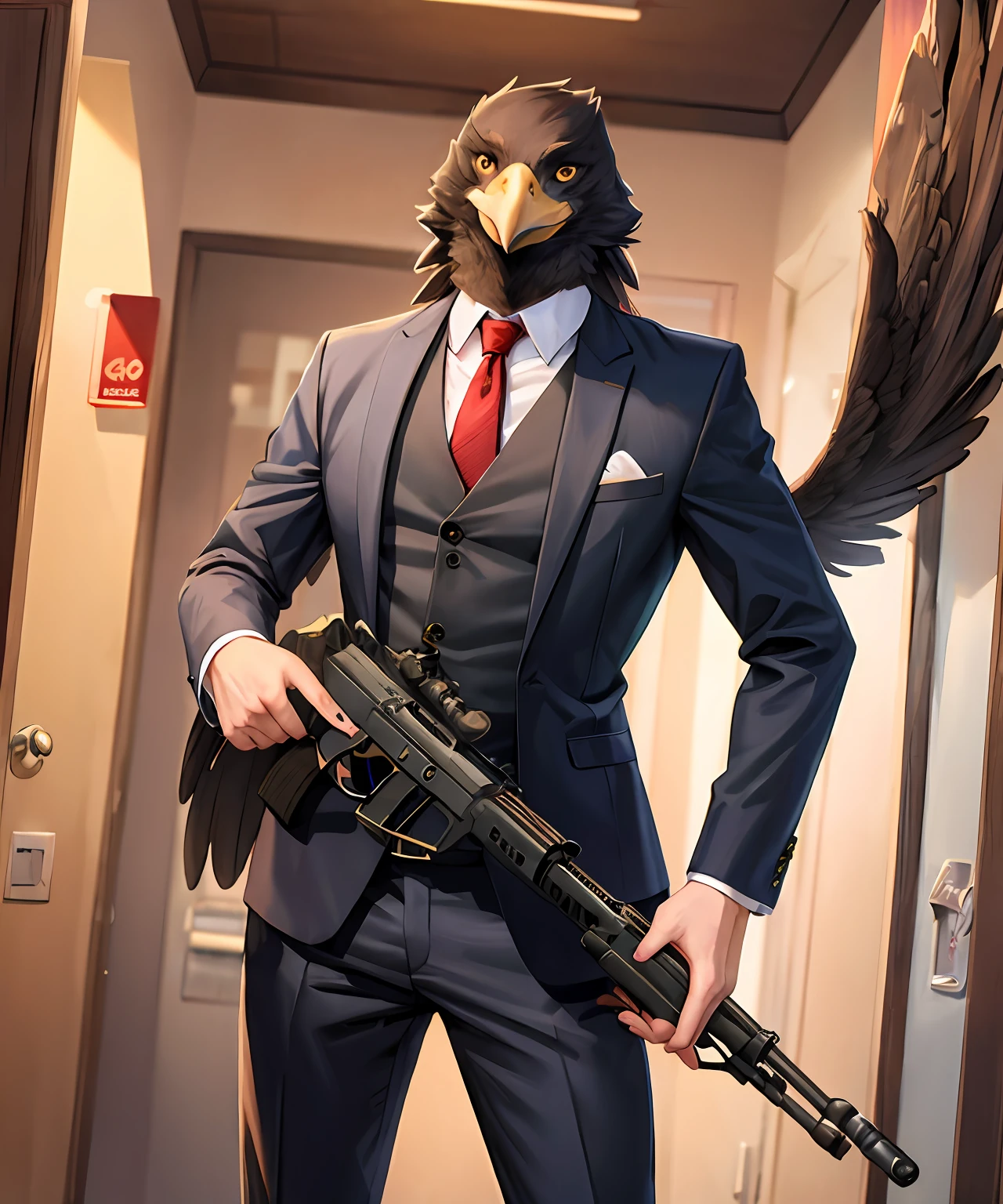 Eagle wearing a suit and holding a machine gun