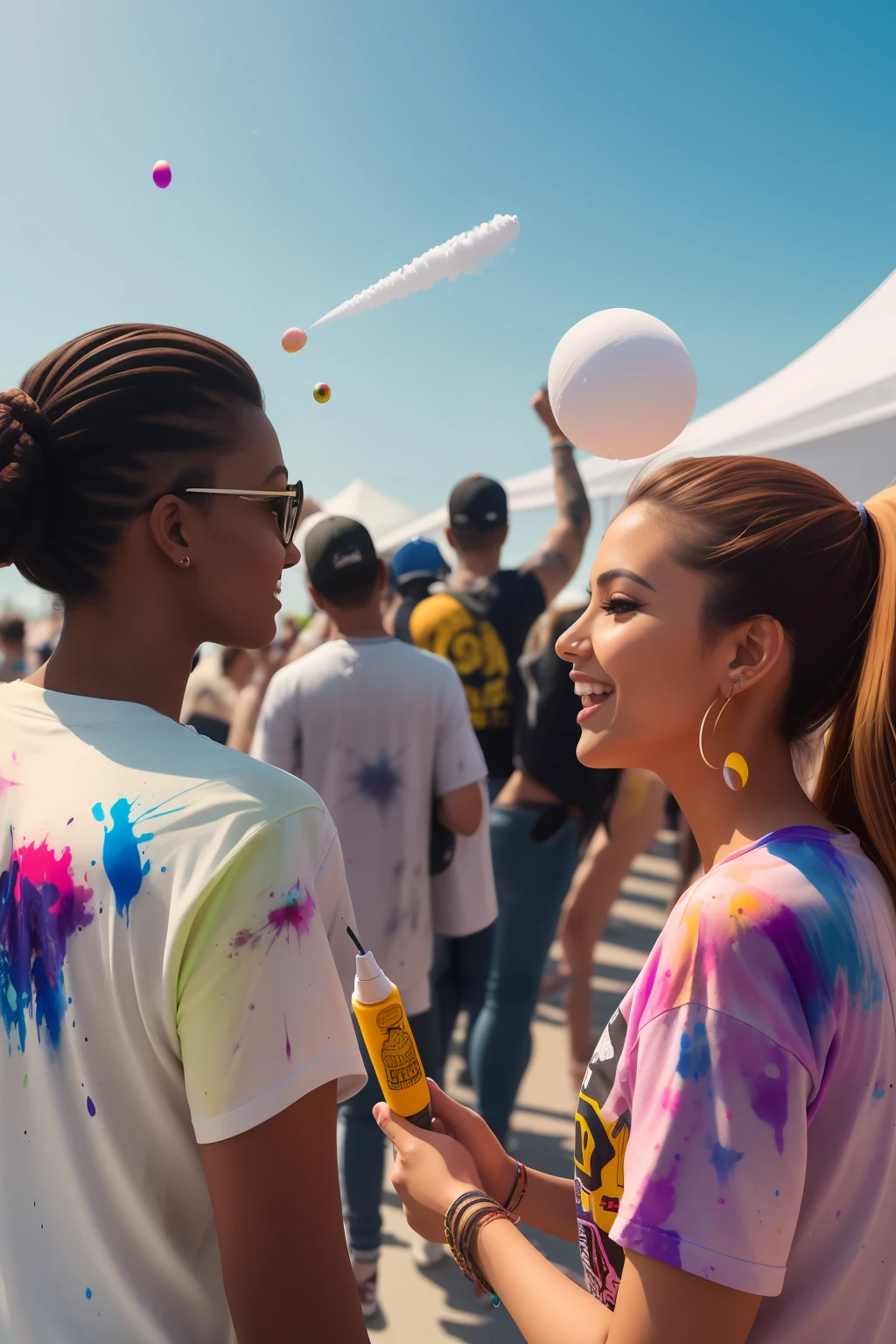 mulher Latina-americana, pele morena, roupas estilo streetwear curtas, Feliz, em um festival de cores, gotas de tinta, com vapores de tinta, with several people enjoying and participating in the festival throwing paint powder towards the sky, realista, intrincado, alto contraste, 8k, RTX, polido, no imperfections,