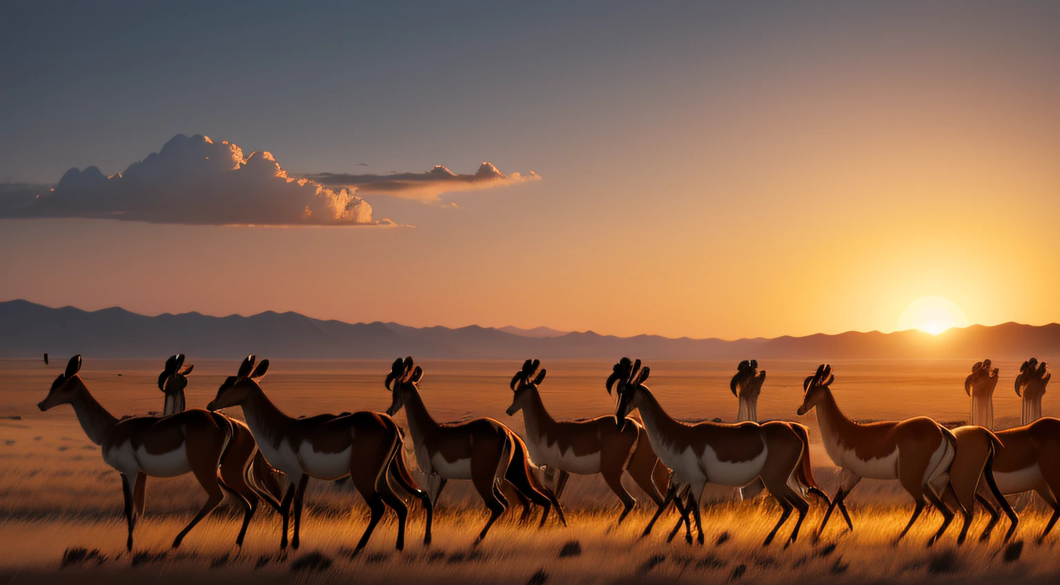 "There are many antelopes together in the savannah, qualidade alta, paisagem deslumbrante e detalhada, luz do sol suave, cores vibrantes, graceful movement of antelopes, dramatic sunset, ampla angular, textura detalhada da areia, clima quente, atmosfera tranquila."