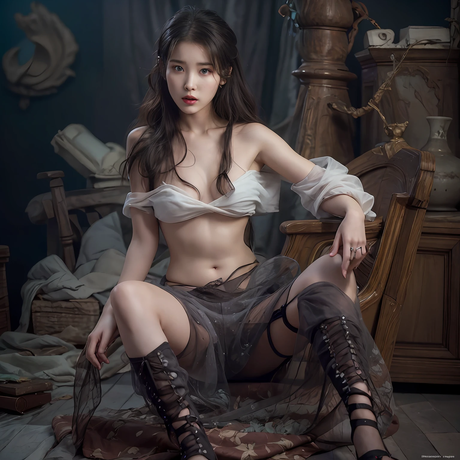 nikon RAW photo,8 k,Fujifilm XT3,photorealistic,realistic, solo, photorealistic, best quality, ultra high res, (skin spots:0.1) sexy expression, stan, modeling, masterpiece, best quality, extremely detailed face, perfect lighting, solo,1girl, sexy sight best quality, ultra high res, photorealistic, ultra detailed, masterpiece, best quality, iu1, tiny butt, lee ji-eun, nipple visible, topless, pirate shot, photoshoot style, pirate sexy girl