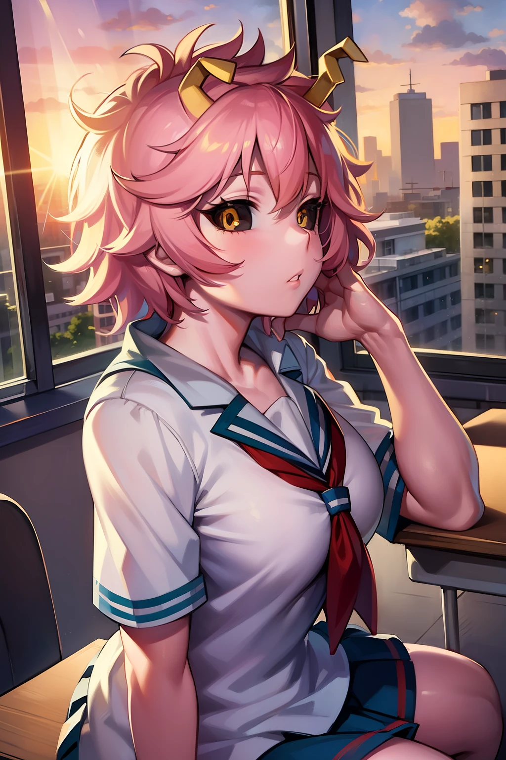 (masterpiece:1.2), solo, ashido mina, pink skin, yellow eyes, (black sclera:1.2), horns, pink hair, school uniform, sitting, sunlight, classroom, sunset, from side, window