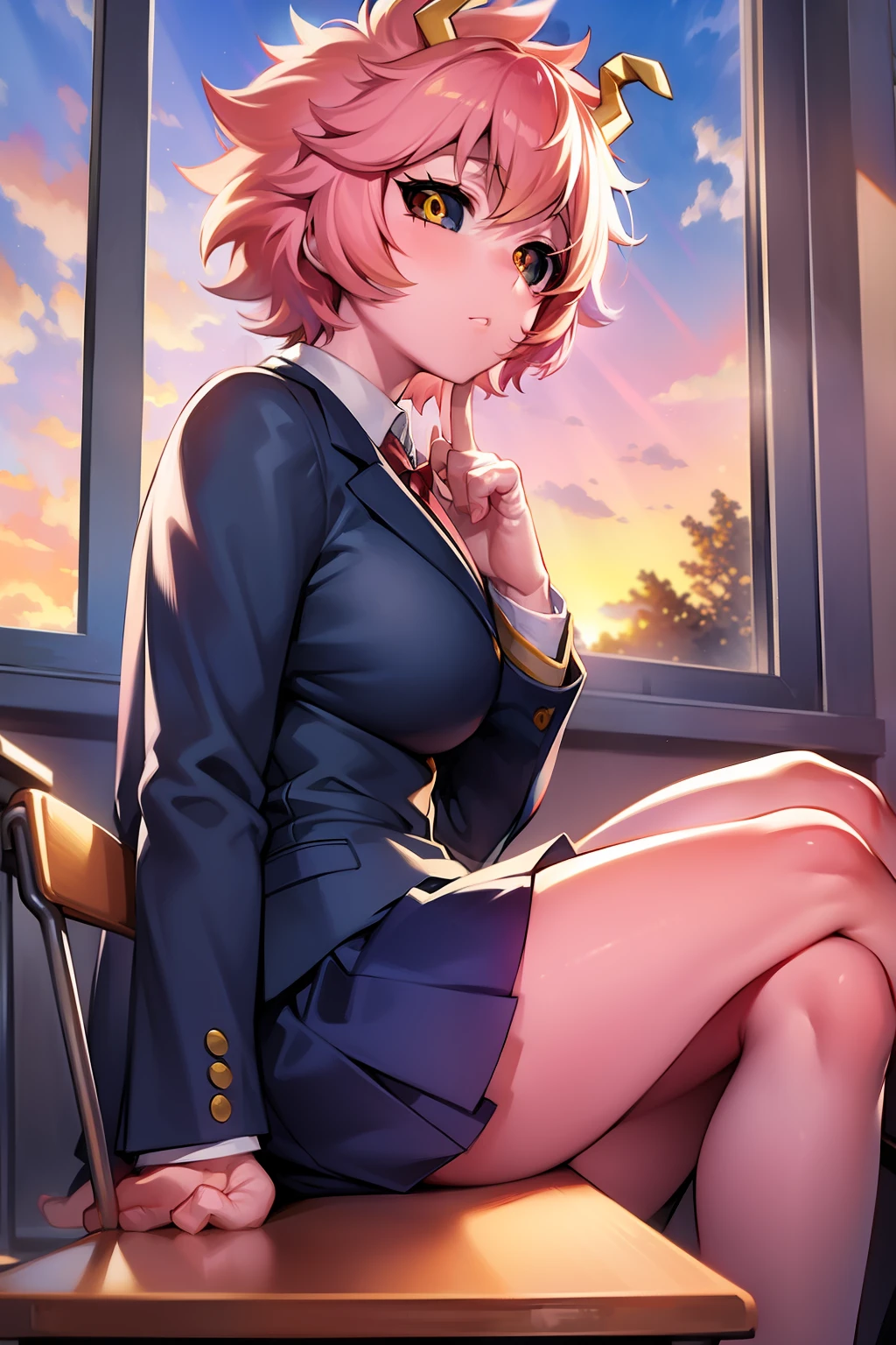 (masterpiece:1.2), solo, ashido mina, pink skin, yellow eyes, (black sclera:1.2), horns, pink hair, school uniform, sitting, sunlight, classroom, sunset, from side, window