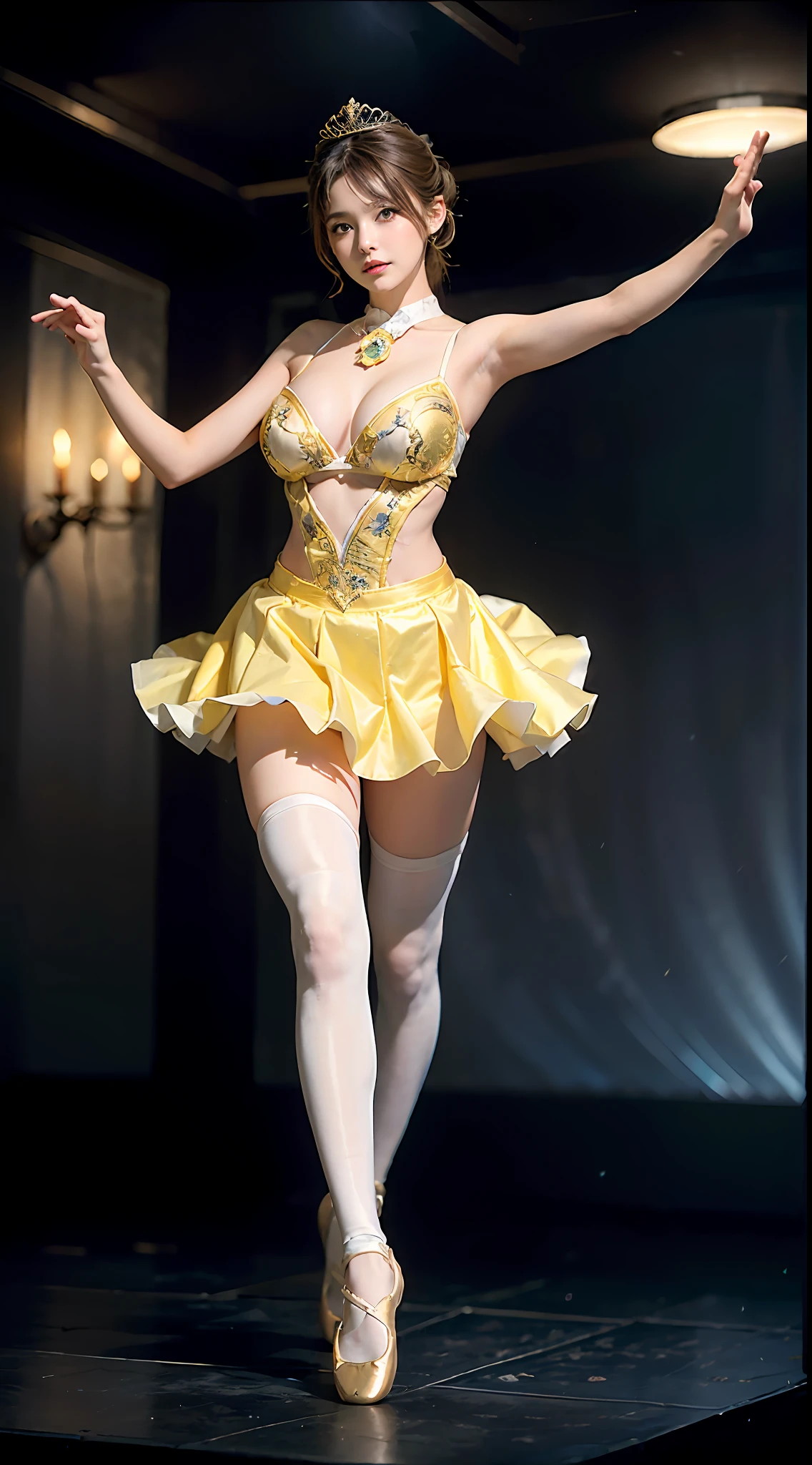 Surrealist women by David Hockney and Alphonse Mucha,Fantasyart,photographrealistic,动态照明,art stations,poster for,huge tit!lamplight,Stage,show stage,theater,Volumetriclighting,Tall beauty,body high,Very detailed faces,4 k'',1girll,Stage,low tune,facial closeups,(Yellow ballet costume,Ballet costumes,ballet dance,Transparent gauze skirt,Superskirt,White sneakers,Bunny Girl tiara,cleavage:1.4), Wavy hair,lots of people,Redlip,ssmile,low chest,deep v big breasts,huge tit,Raised sexy,Bigchest,Large breasts,Breast swelling,Raised chest,blackstockings,Breasts are plump,crisp breasts,A plump chest,the breasts are large,Seductive expressions,Wear earrings provocatively,The skirt floated,Hair flowing up,Fairy under fan,wearing a choker,Wear a bracelet,The stands up,standing on your feet,long leges,blackstockings,Wet all over,Moisturizes the whole body,huge tit,Red lips,stocklings,gigantic cleavage breasts,black lence stockings,slenderlegs,Hot dance,ballet dance,Ballerina,full bodyesbian,Dance,gracefulness,soft,softness,Noble,Rich,largeeyes,eye shadows,Long legs,beautifullegs,Thin leg,split,splitting legs,Dance,Dancer,split,Aerial capture,Jump up,Suspended in the air,Dancing in the air,legs long,huge tit,mitts