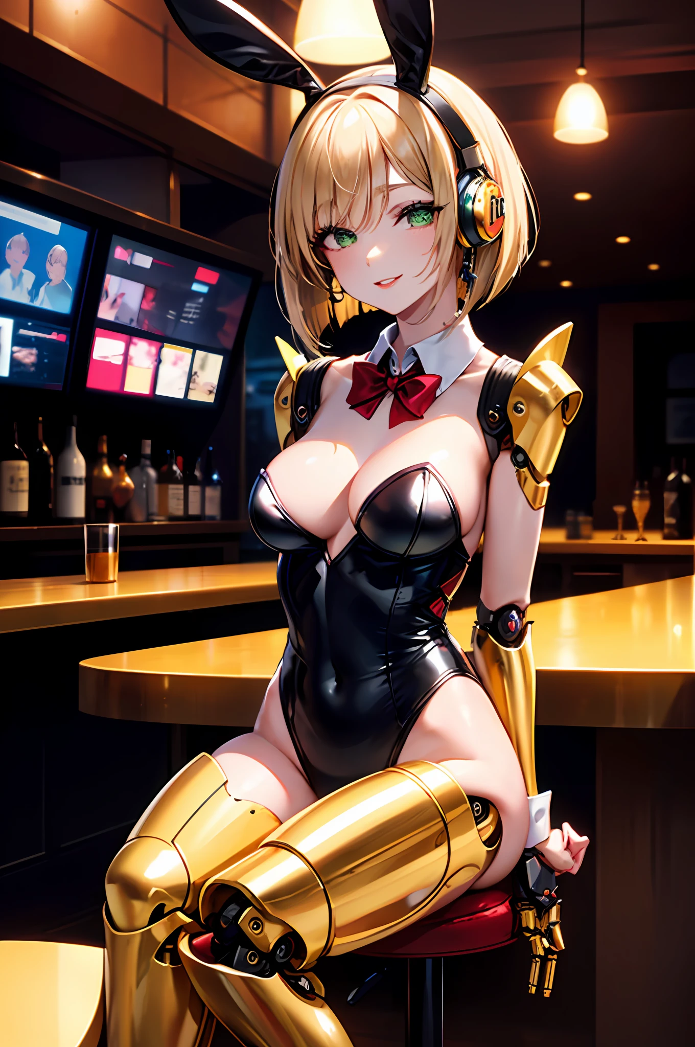Top quality, intricate detail, super detailed, accurate depiction, highly detailed 8k wallpaper, beautiful mechanical woman, solo, (half closed eyes, green eyes), (masterpiece eyes), BREAK, seductive smile, (mechanical bunny girl: 1.3), (black exoskeleton leotard: 1.5), (golden color mechanical joints, mechanical arms, mechanical legs:1.5), (exposed shoulders, exposed armpits), BREAK, (long eyelashes, red lips), bowtie, rabbit ear headphones, rabbit tail, (blonde hair, bob cut), (5fingers, 4fingers and 1thumb), BREAK, cyberpunk, (bar), bar counter and round chairs, wine, whiskey, bourbon, neon signboard, arms behind back, sitting, crossed legs,