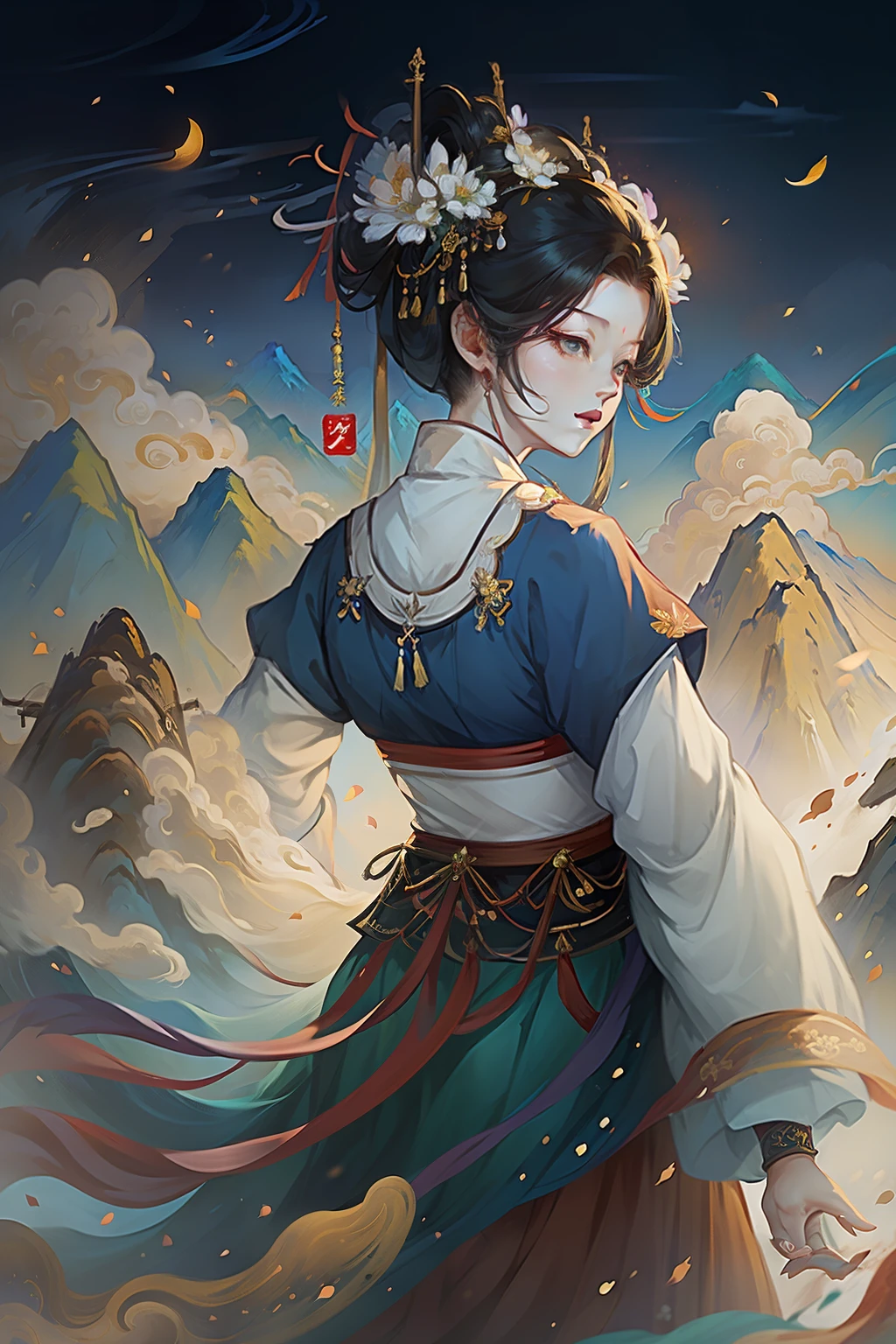 Double bun,Slightly long face,a skirt,Hanfu,Mountains and clouds in the background,Bright colors,