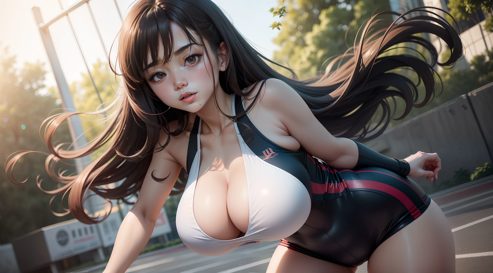 (8K,best qualtiy,tmasterpiece:1.2),(realisticlying,realisticlying:1.37),ultra - detailed,best qualtiy,超高分辨率,profesional lighting,photon maping,Radio City,huge boob,physically-based renderingt,cinmatic lighting,basketball playground,depth of fields,Clear focus,rays of sunshine,well-composed,(Bokeh:1.2) 1girll,Solo,(full bodyesbian),(Keep your mouth shut),美丽细致的眼睛,lewd poses,a narrow waist,basketball suit,brunette color hair,messy hair,Long hair flutters in the wind,(Ulzzang-6500:1.2) mix4, hiqcgbody