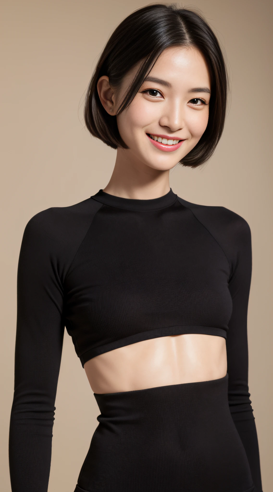 ((Best Quality, 8K, Masterpiece: 1.3)), a tall and beautiful woman, perfect figure: 1.4, slender abs, dark brown hairstyle, short hair, yoga pants, without any posture movements, standing straight, highly detailed face and skin texture, detailed eyes, double eyelids, smiling