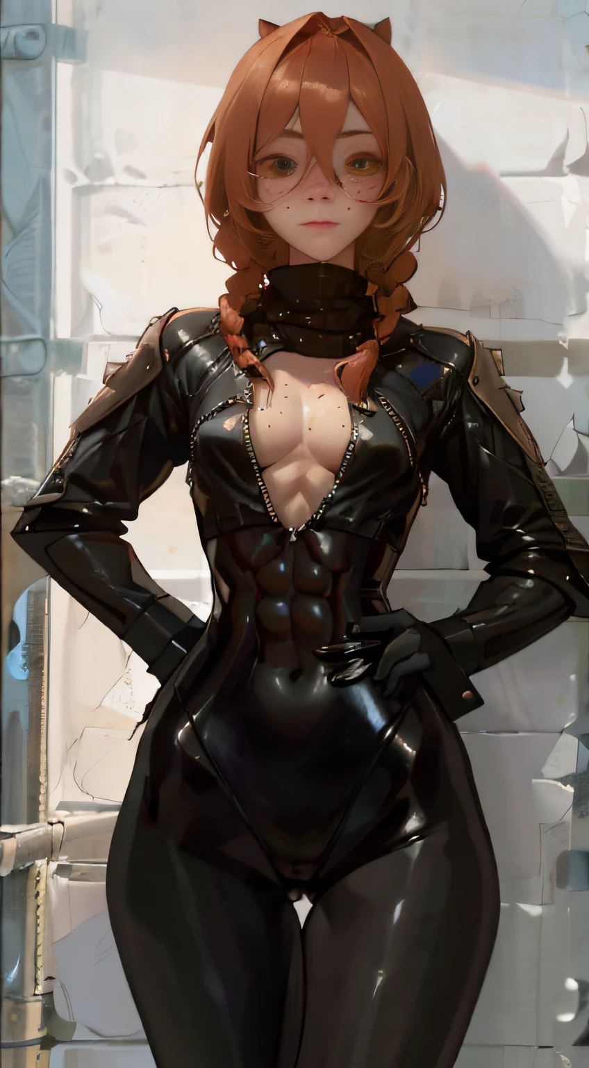 (portrait Photograph, realistic, canon eos r3, frontal camera angle, fullbody zoom) ((perfect body: 1.1), (perfect anatomy:1.1), (perfect body proportions:1.1),(extremely delicate and beautiful), detailed skin, freckles, hyper detailed, ultra sharp,hdr) In this NSFW image, an steampunk young redhead girl standing up, looking at the camera in a sexy expresion, inside ruin with high contrast between sunlight and dense shadows at the desert. She is has a skinny fit and toned body with toned abs (cut abs:1.5)(muscles:1.2), small chest,small breast, perky breast, puffly nipples, and thick thights . She wear black leather highleg leotard (turtleneck) is under a long black leather jacket with metal shoulder pads with spikes and a red scarf. also she have a round vintage steampunk sunglases. Her breast, abs, cleavage are totally visible through open cleavage . She has long auburn hair in braids, pale skin and freckles over all the body (wet chest)”.