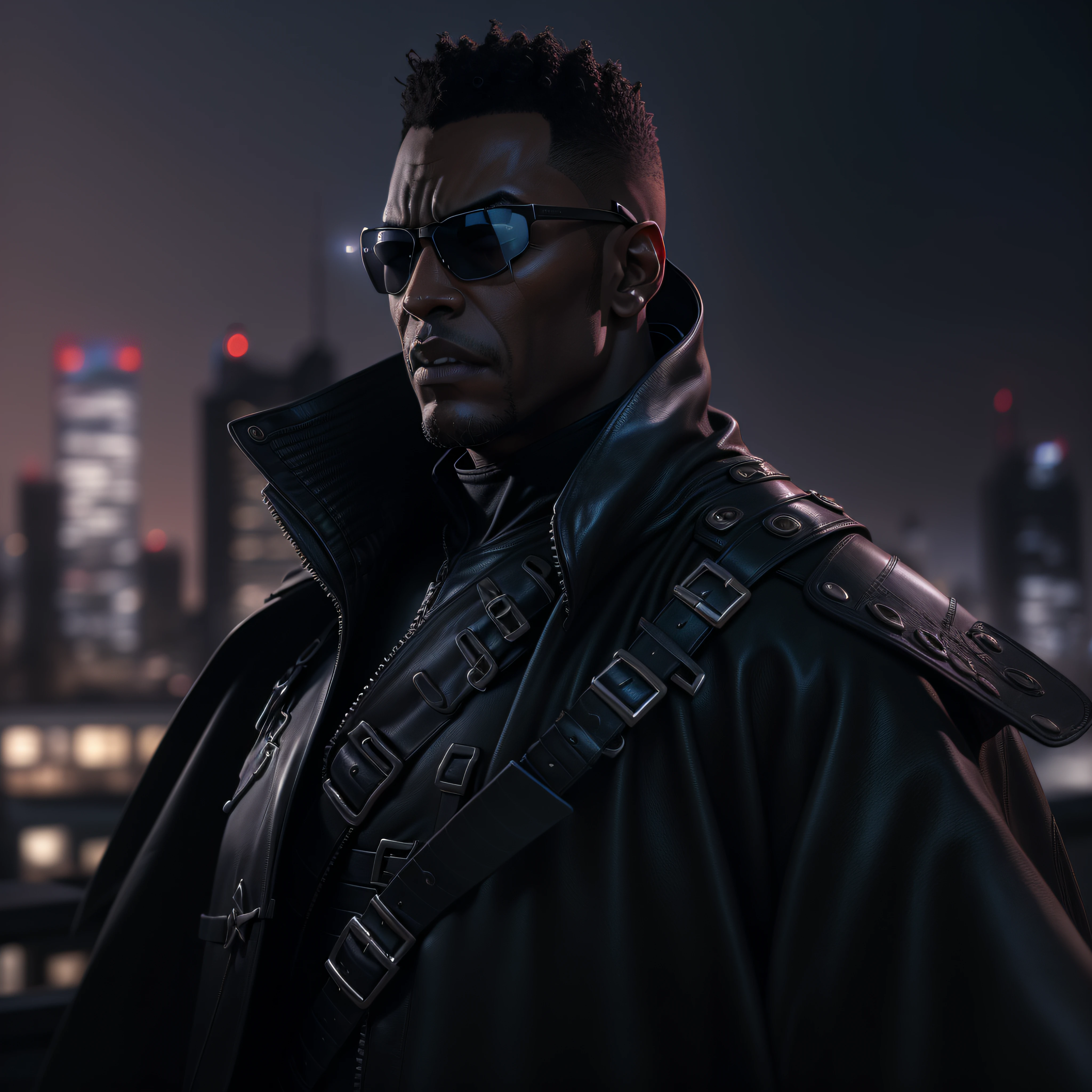 (Masterpiece, Superb Quality, Super Delicate, High Resolution) Vampire Daywalker, photo-realistic, octane render, unreal engine, ultra-realistic, (((Marvel comic's BLADE))) (((wearing shades))) (((wearing all black tactical armor))) (((black leather trench coat))) (((Sword on his back))) (((on a City rooftop))), moon in the background, ultra-realistic, Masterpiece, octane render, unreal engine