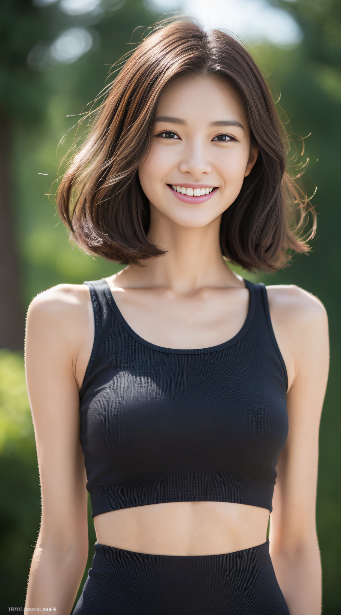 ((Best Quality, 8K, Masterpiece: 1.3)), a tall and beautiful woman, perfect figure: 1.4, slender abs, dark brown hairstyle, short hair, yoga pants, without any posture movements, standing straight, highly detailed face and skin texture, detailed eyes, double eyelids, smiling