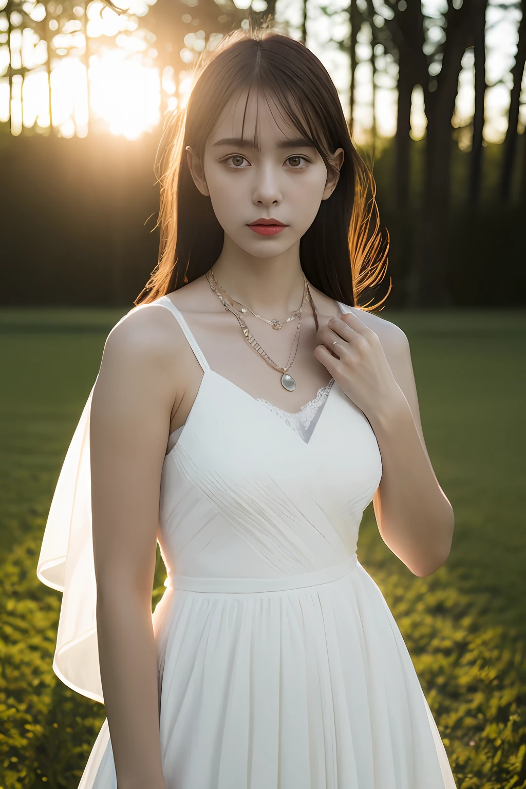 (8K, RAW photogr, Photorealistic:1.25),1girll,the setting sun,Pose,(white dresses:1.2),Rainbow color necklace,(of a real:1.4),conservative girl,full bodyesbian,lens flare glow,Textured skin