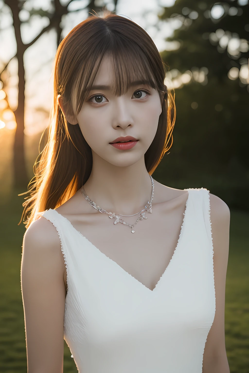 (8K, RAW photogr, Photorealistic:1.25),1girll,the setting sun,Pose,(white dresses:1.2),Rainbow color necklace,(of a real:1.4),conservative girl,full bodyesbian,lens flare glow,Textured skin