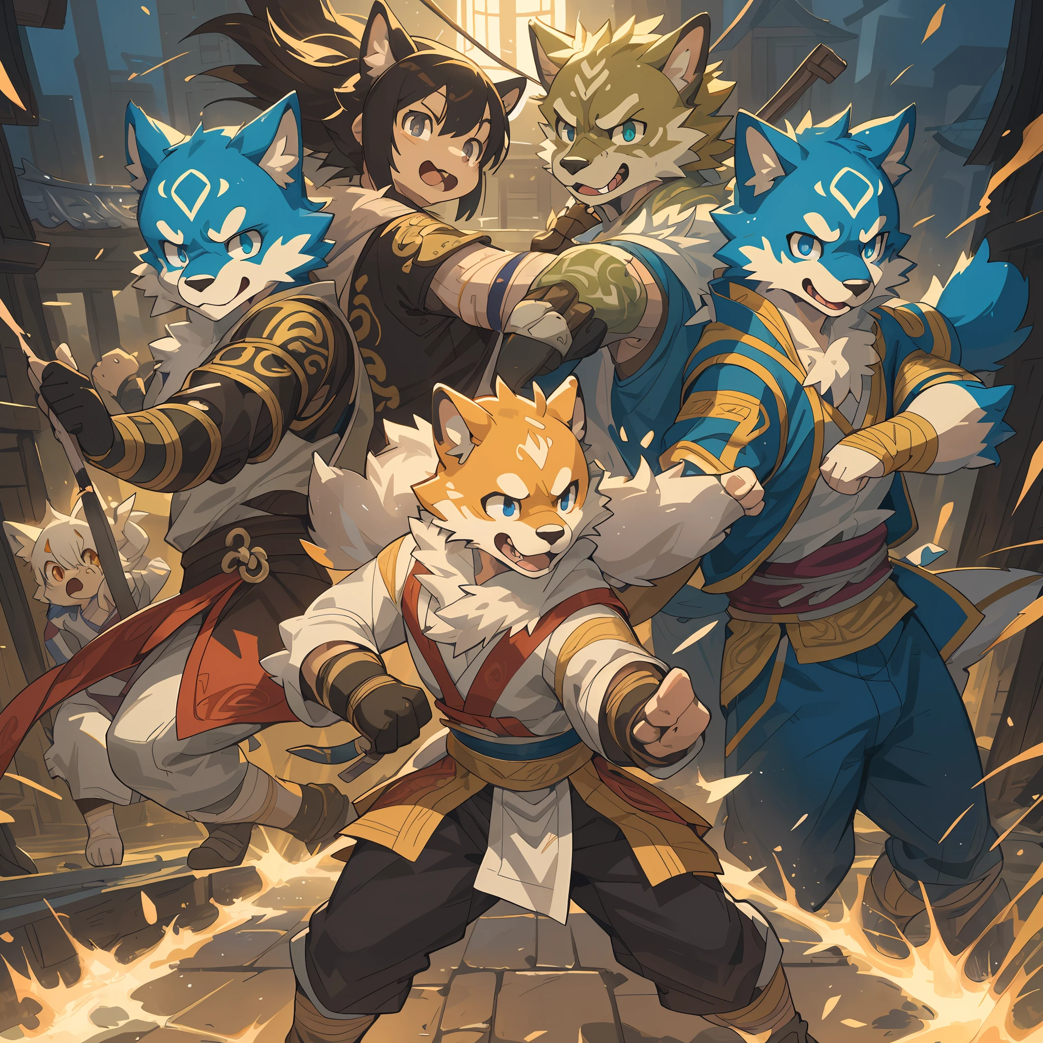 dynamic angle, top quality, best quality, High-quality illustrations, masterpiece, super high resolution, detailed background, detailed background, kung fu film, action, group shot:0.1, 6+boys, 6+girls, absurdres(highly detailed beautiful face and eyes)perfect ???????, expression, good lighting, cinematic shadow(kemono, furry anthro),