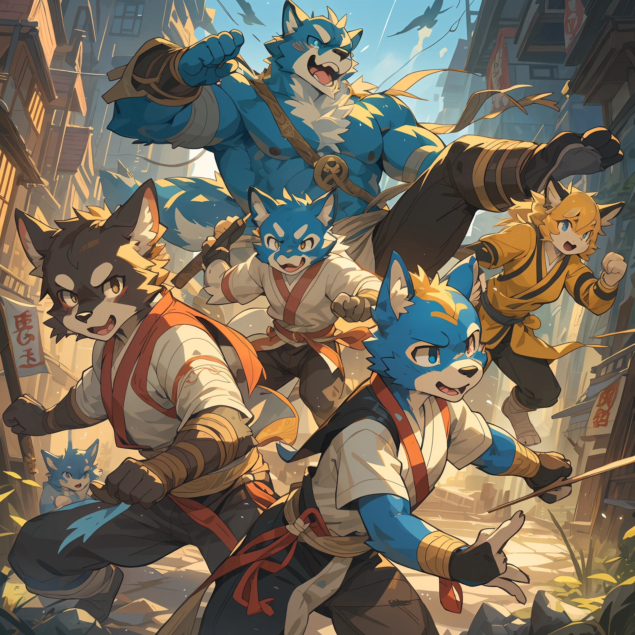 dynamic angle, top quality, best quality, High-quality illustrations, masterpiece, super high resolution, detailed background, detailed background, kung fu film, action, group shot:0.1, 6+boys, 6+girls, absurdres(highly detailed beautiful face and eyes)perfect anatomy, expression, good lighting, cinematic shadow(kemono, furry anthro),