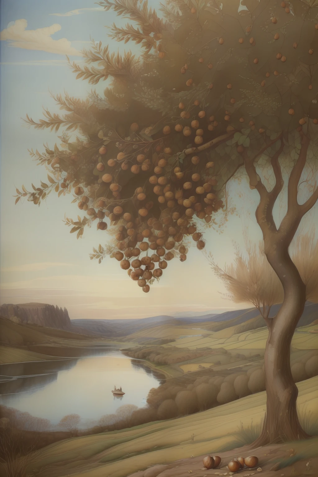 (((Perfect Pre-Raphaelite painting of hazelnuts on a hazelnut tree, com um lago ao fundo em uma linda paisagem celta)))
