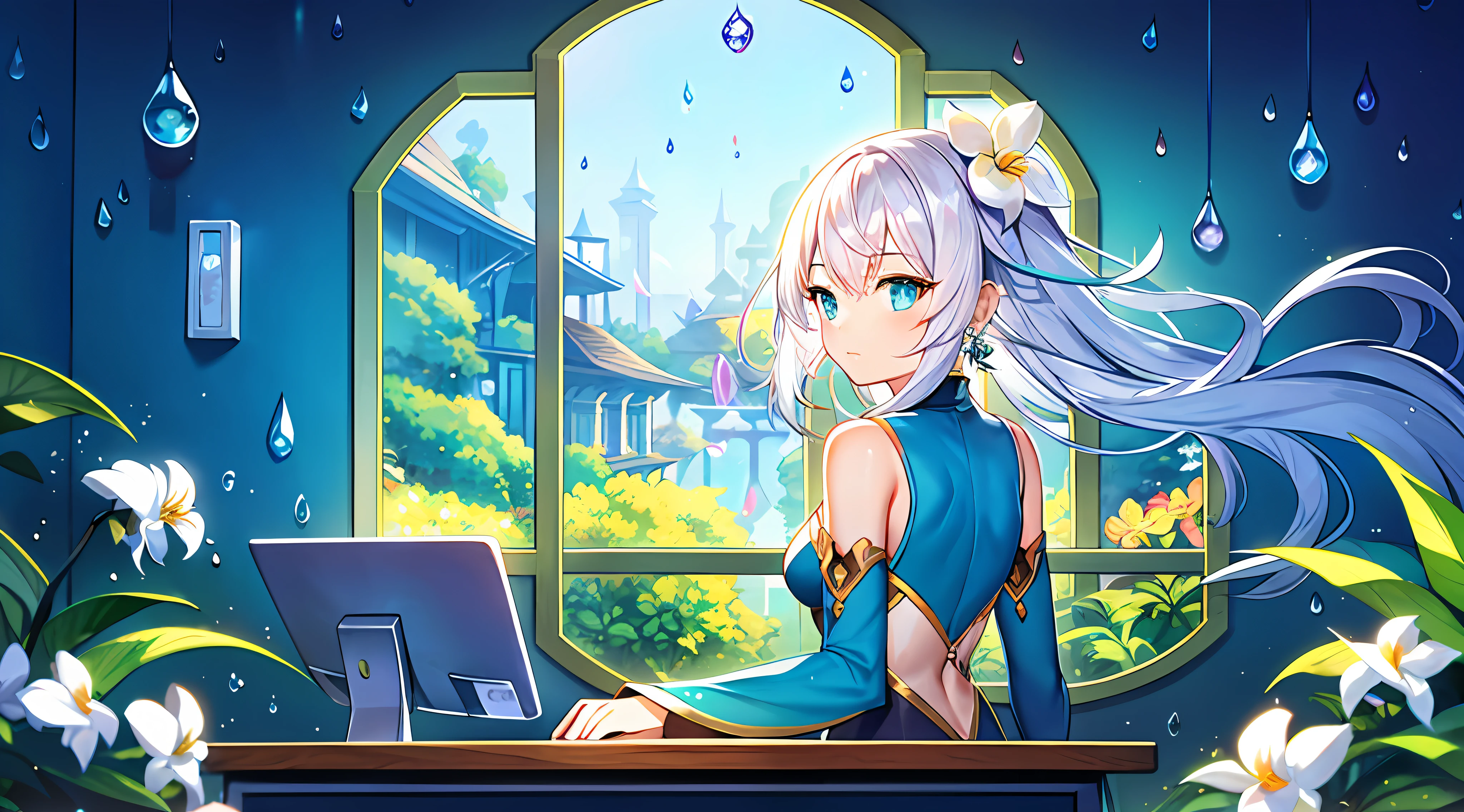 colorful,  illustration,2d illustration, abstract,1 girl，white hair, tree,desk,computer,clear backgroud,wall paintings, detached sleeves, wide sleeves, plants, earring, detached collar, hair ornament, 1girl, light shafts, hair intakes, medium breasts, flush, window, expressionless, dynamic pose, good lighting, floating hair, detailed background, {light particles}, beautiful, botanical garden, silver hair,Aqua blue eyes，glint， atmosphere, from behind, raindrops, hair flower, wavy hair, white orchid, looking at window, floating，wall paintings