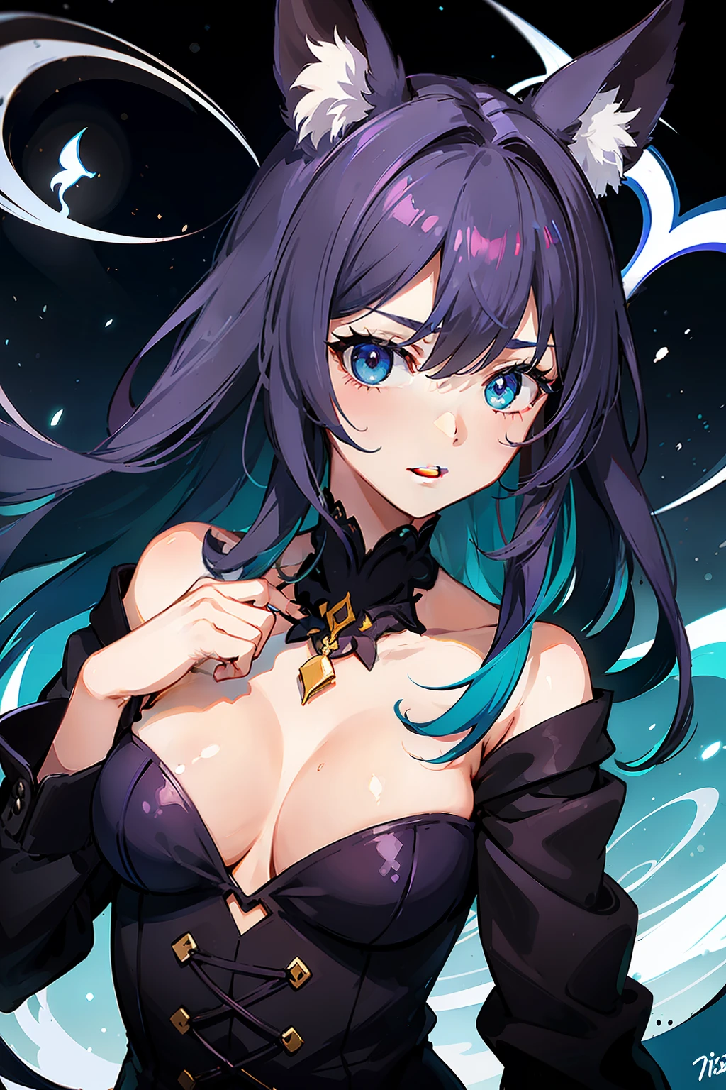 Garota bonita, , heterocromia, um olho da cor roxo, outro olho da cor azul, cabelos grandes, purple and green color gradient hair, mecha azul, cabelo liso, corpo bonito, mid chest, The character is wearing a black sweatshirt, short preto, illuminated scenery, orelha de raposa, cauda de raposa, The character's race is Kitsune