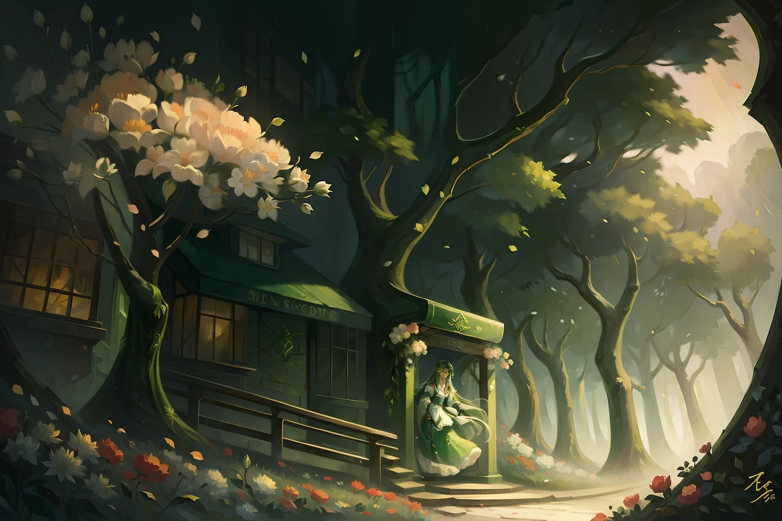 Quaint,Mural style,hdr,s girl,long whitr hair,Green trees and flowers in the background