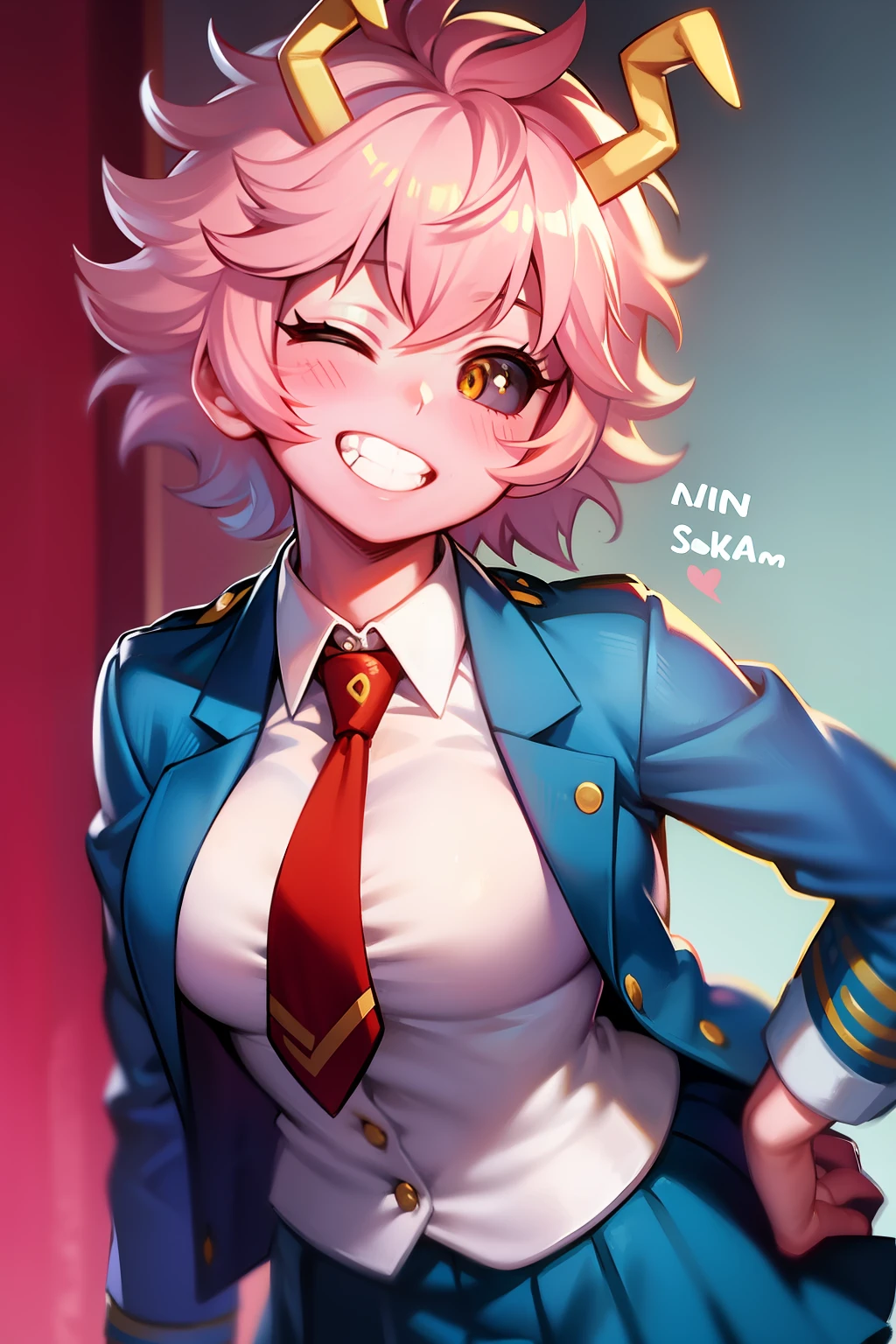 mina ashido, 1girl, solo, breasts, looking at viewer, blush, smile, short hair, skirt, shirt, long sleeves, school uniform, jacket, yellow eyes, pink hair, heart, pleated skirt, one eye closed, necktie, horns, grin, character name, blue skirt, hand on hip, v, colored skin, blazer, red necktie, colored sclera, black sclera, pink skin, u.a. school uniform