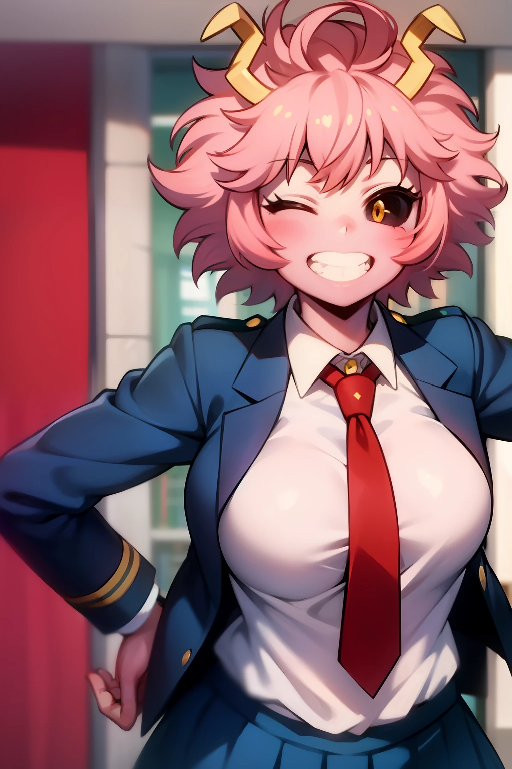 mina ashido, 1girl, solo, breasts, looking at viewer, blush, smile, short hair, skirt, shirt, long sleeves, school uniform, jacket, yellow eyes, pink hair, heart, pleated skirt, one eye closed, necktie, horns, grin, character name, blue skirt, hand on hip, v, colored skin, blazer, red necktie, colored sclera, black sclera, pink skin, u.a. school uniform