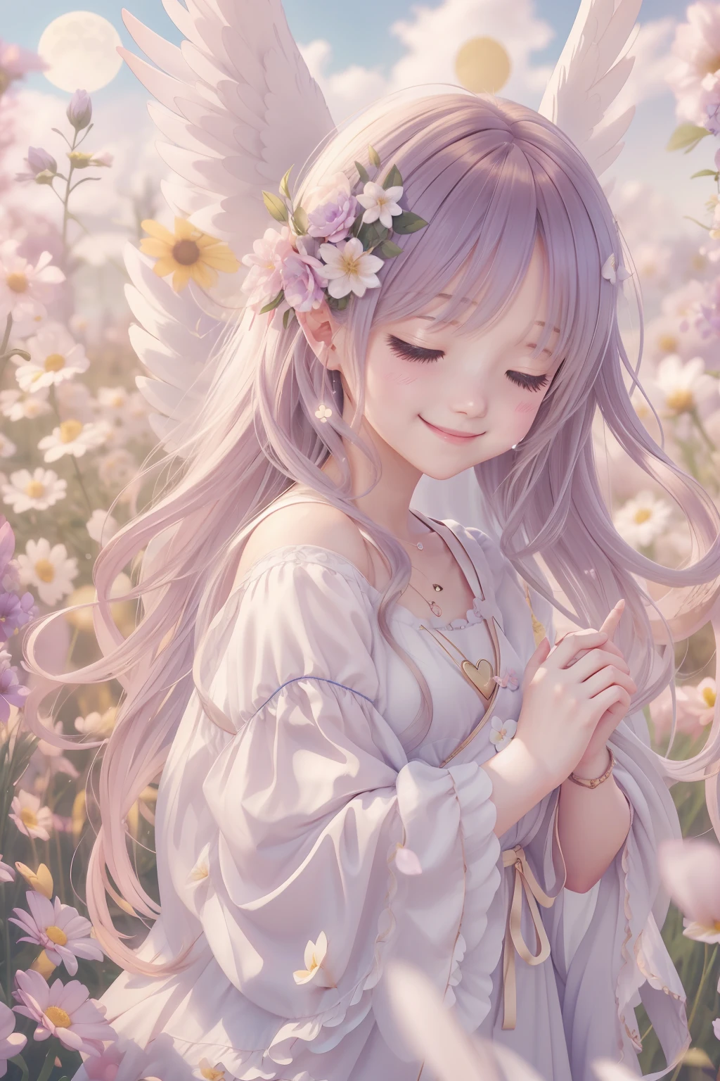 angel、Smile cutely、Soothing、flower field、fluffly、heart mark、A smile、a moon、blissful、messages