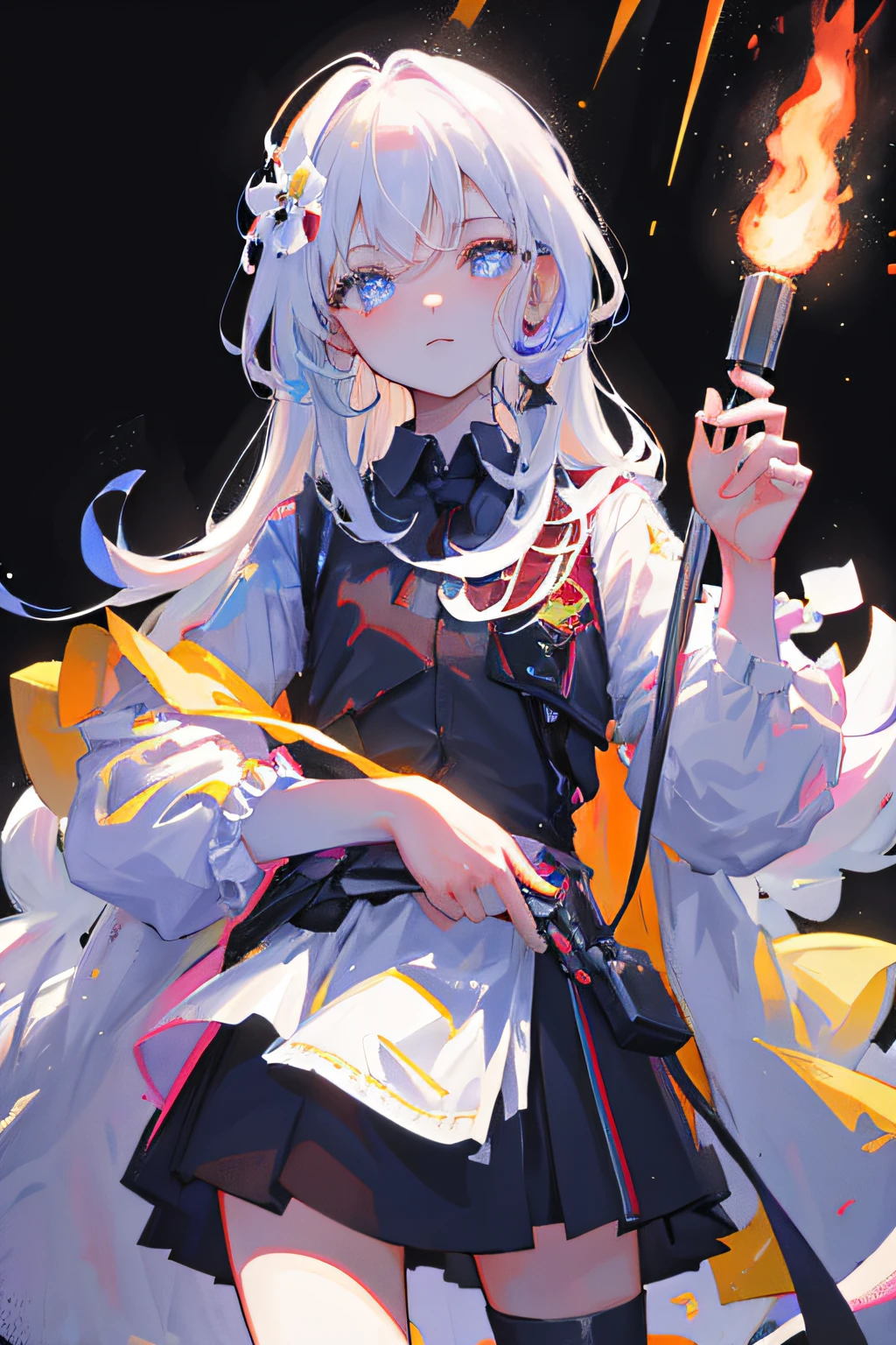 (tmasterpiece,top-quality,best qualityer,Beauty and aesthetics:1.2),(1boys:1.1),glowing light eyes,extremy detailed,(a color:1.1),(Color background 1:1),(#ff311f:1.5),(#f08432:1.2),highest details,arma,Hold the weapon,(glowing weapon),detailedbackground,firey:1.2,fresh flowers:1.2,tmasterpiece,8K