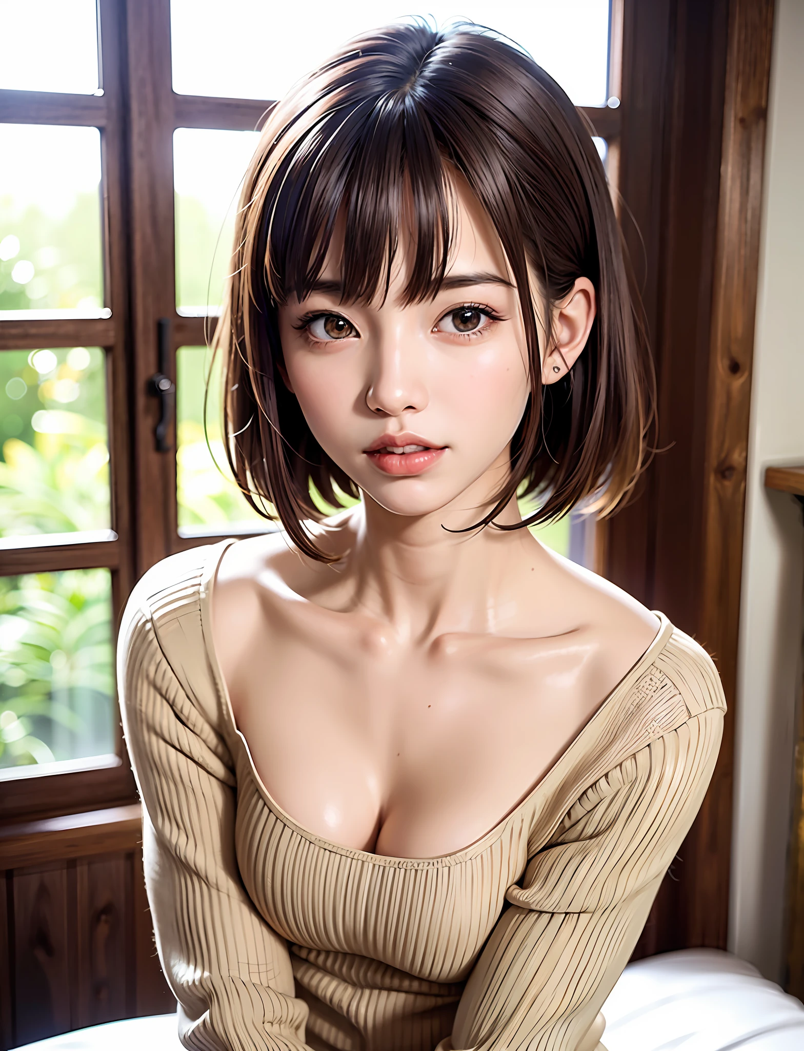 女の子1人、top-quality、realisitic、独奏、depth of fields、Natural light、during daytime、inside in room、魅惑的、lipgloss、beauitful face、Cleanliness、Pure face、de pele branca、kawaii、short-hair、the beach、rays of sunshine、nedium breasts、full body Esbian、((Sweaters、With light brown eyes、Beautiful face of golden proportions、smaller face、Tall cute supermodels))、long neck、Put your ears out、Clean short bob hair with bangs、Close your mouth and smile happily、Perfect fingers、perfect hand、Perfect body、face perfect、Shine a light into the eyes、Perfect Anatomy