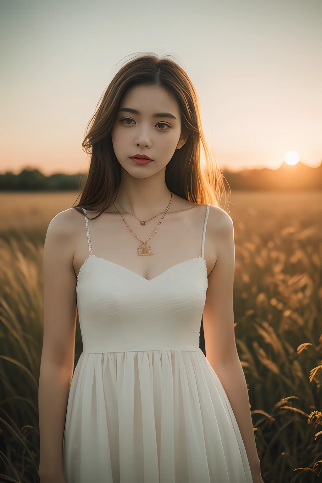 (8K, RAW photogr, Photorealistic:1.25),1girll,the setting sun,Pose,(white dresses:1.2),Rainbow color necklace,(of a real:1.4),conservative girl,full bodyesbian,lens flare glow,Textured skin