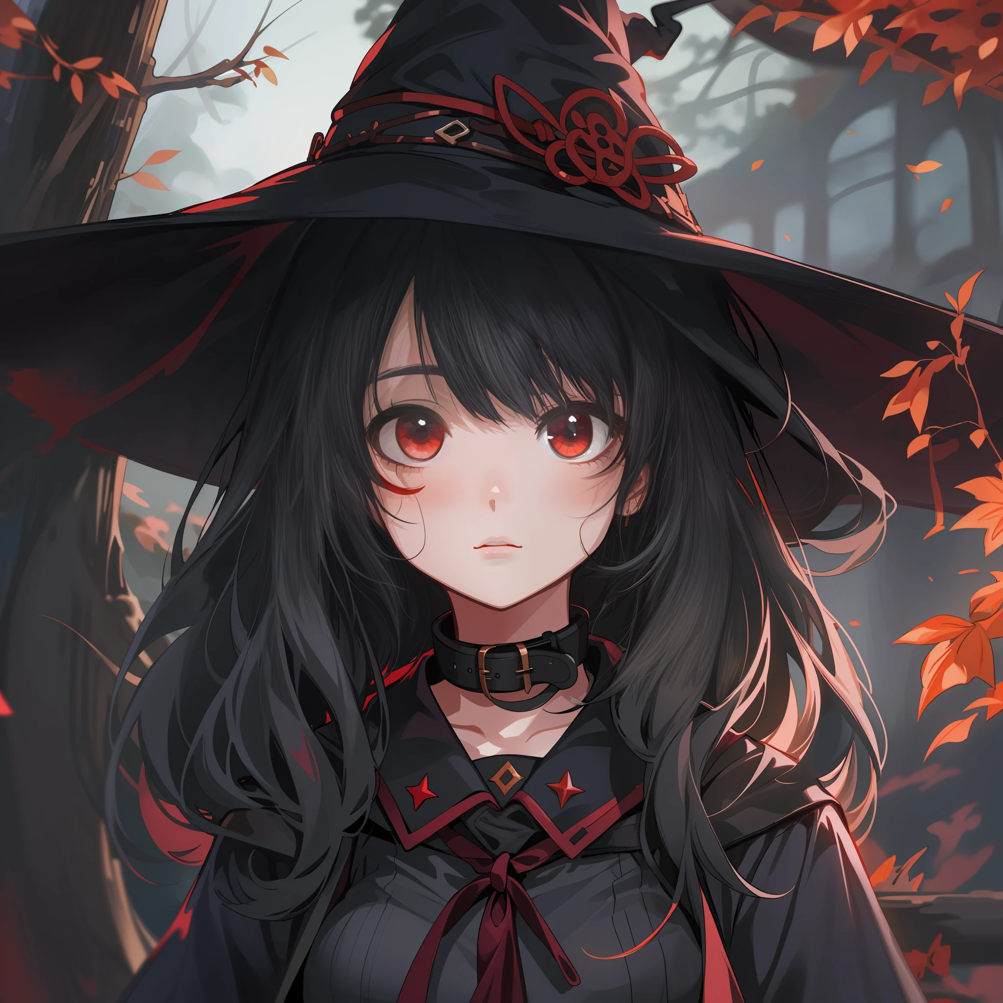A cute girl，young adorable，red color eyes，Wear a collar around the neck，Wearing a witch hat，black hair, anime style, anime, 8k, super detail, UHD, masterpiece, ccurate, high quality, high details, best quality, highres