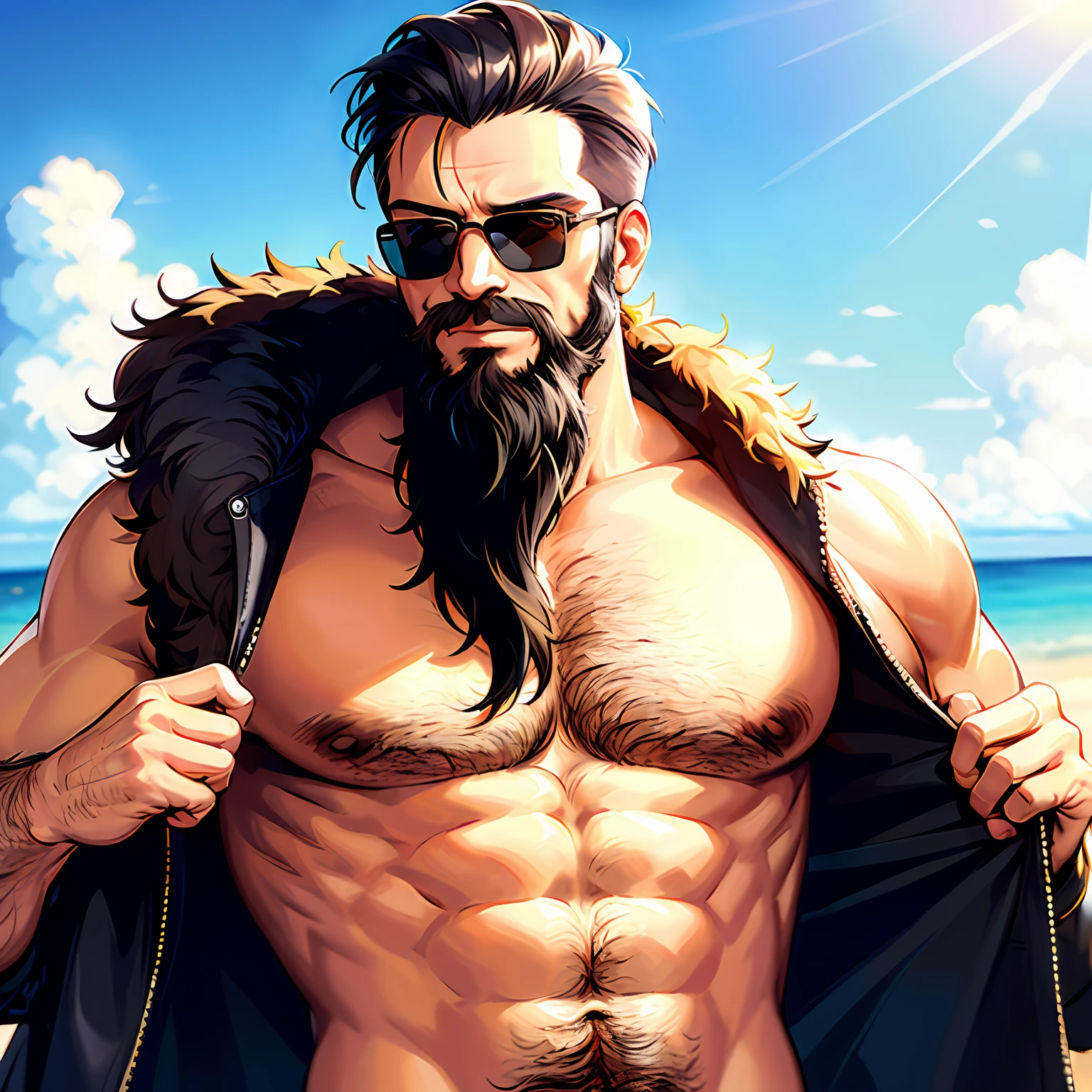 (masterpiece), (best quality), (ultra-high quality), uncle wearing sunglasses, beard, naked upper body, gentleman, handsome man, background, bar