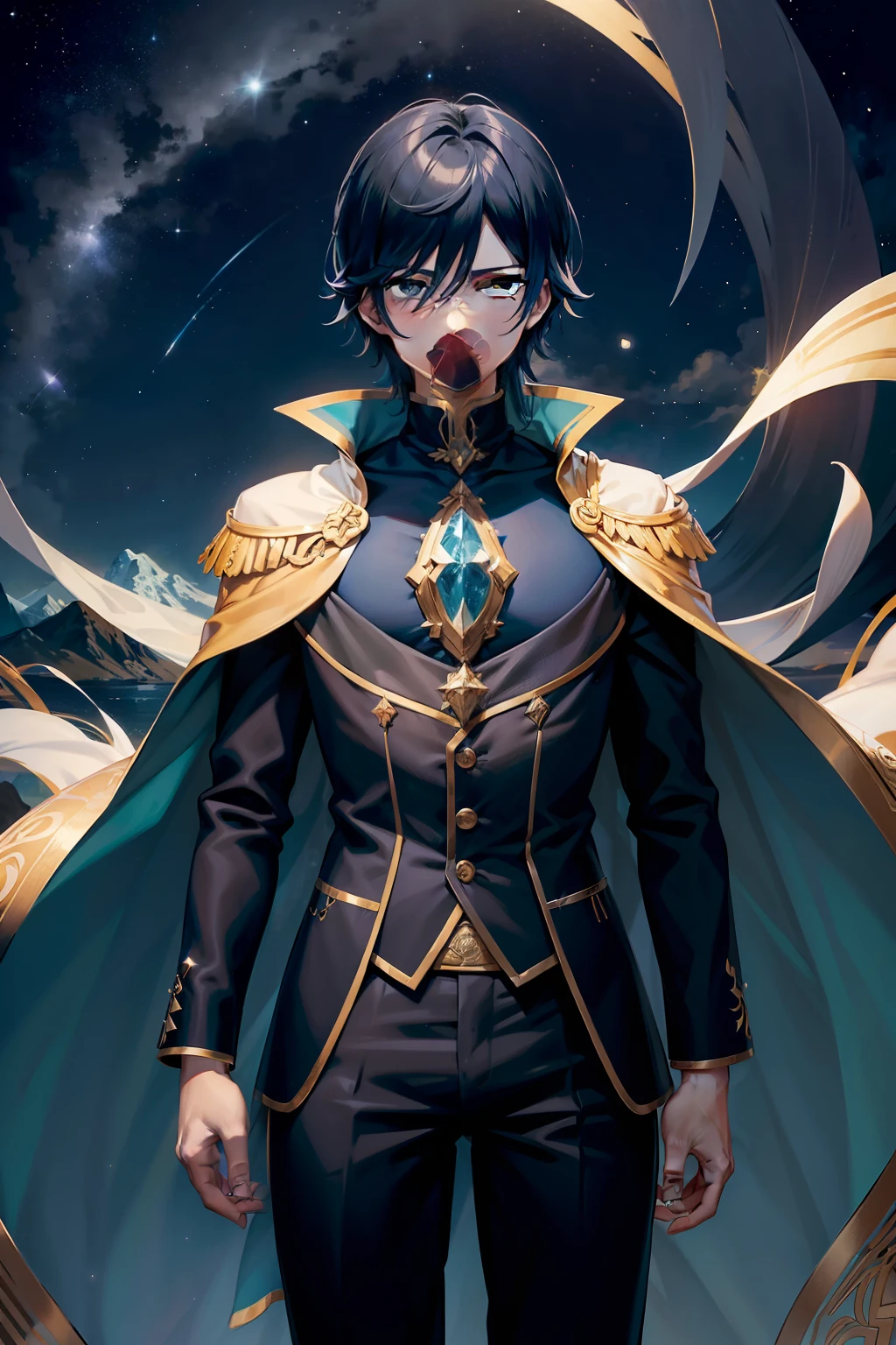 Before you, An anime character emerges wrapped in a stunning nighttime setting. Ele ostenta uma coroa brilhante que destaca seus olhos penetrantes de um azul intenso. Seu cabelo preto como a noite desce elegantemente sobre seus ombros, conferindo-lhe um ar de nobreza. Vestido com um sobretudo verde-escuro, cujo tecido se movimenta suavemente ao vento noturno, He radiates a majestic and enigmatic presence. Sua camisa branca brilha sob a luz da lua, while his black pants complete the set, conferindo-lhe um aspecto elegante e misterioso.
Ao fundo, majestic mountains rise in darkness, creating a dramatic silhouette against the starry sky. A lua cheia brilha com esplendor, casting a silver light on the landscape. Milhares de estrelas cintilam no firmamento, forming a dazzling cosmic tapestry that seems to dance in harmony.
The character remains motionless, contemplating the immensity of the night sky with deep, serene eyes. An aura of power and mystery surrounds him, revealing that he is more than meets the eye. Who is this enigmatic character and what is the secret he keeps on this enchanted night?? The journey to unravel the mysteries surrounding this fascinating being has only just begun.