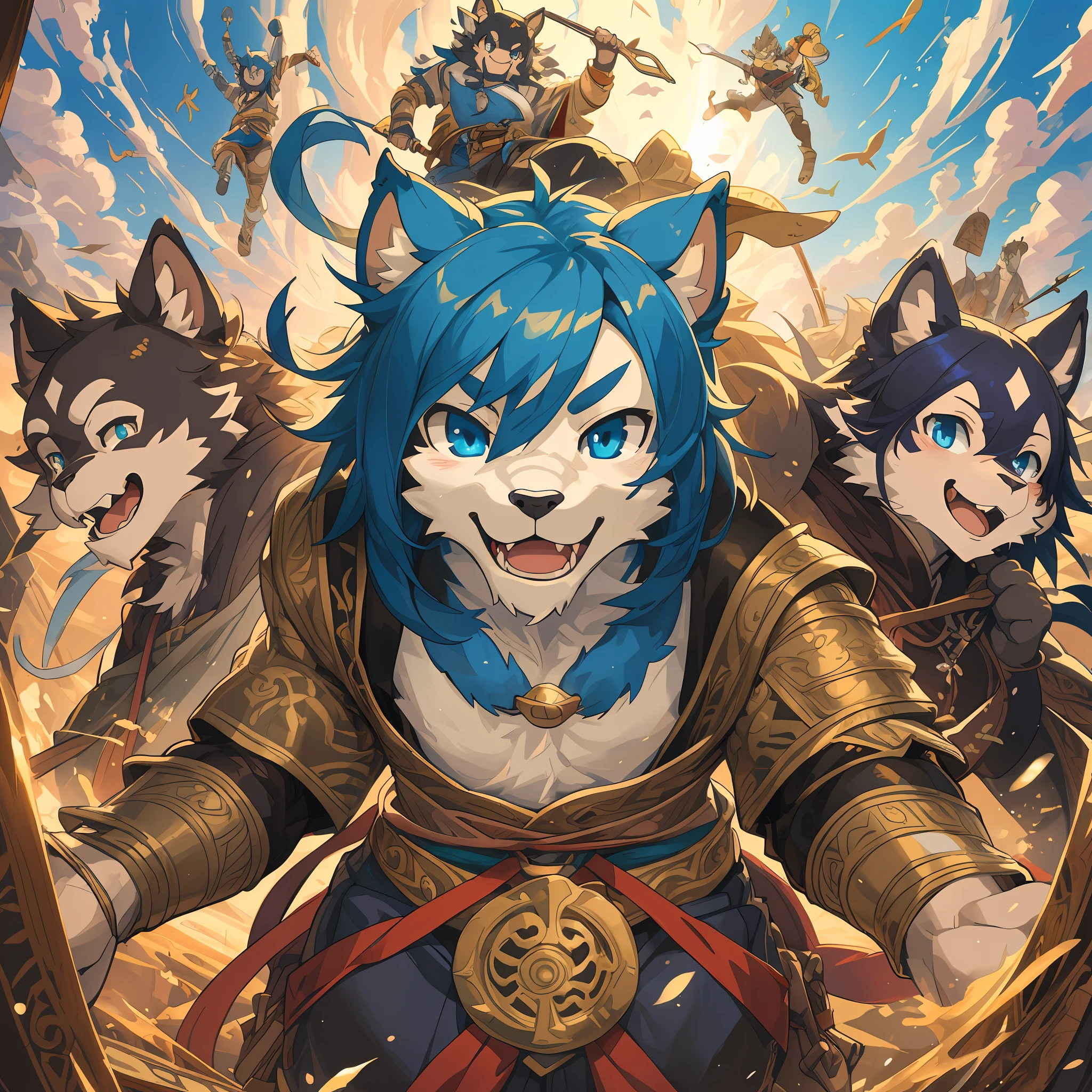 dynamic angle, top quality, best quality, High-quality illustrations, masterpiece, super high resolution, detailed background, detailed background, Monkey A Journey to the West, action, group shot:0.1, 6+boys, 6+girls, absurdres(highly detailed beautiful face and eyes)perfect anatomy, expression, good lighting, cinematic shadow(kemono, furry anthro),