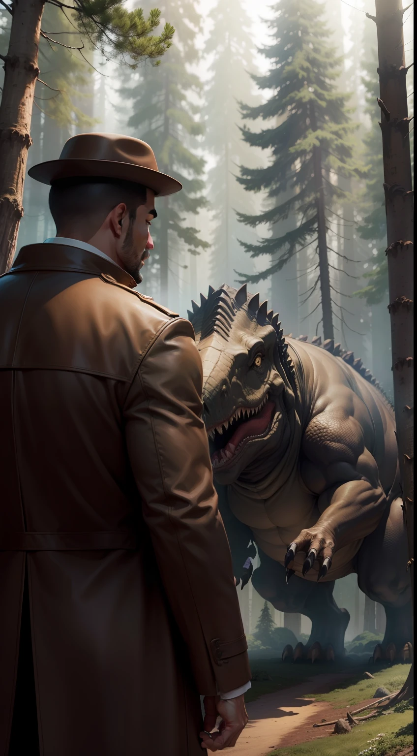 A male detective in brown coat, looking at a big dinosaur, in a forest.
