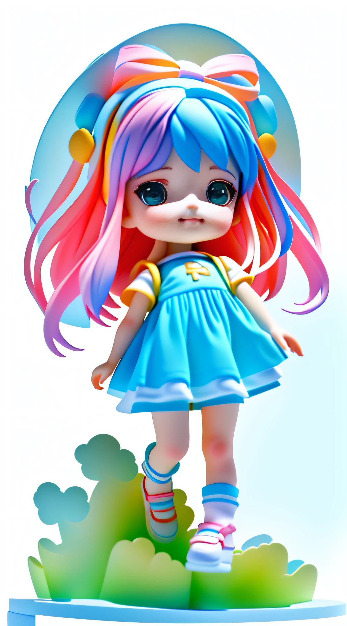 A full of imagination and curiosity, various poses and exprecations on white background, children's book inlustration style, simples, fofa, 6 anos, cores de cabelo rosa e azul longo , camiseta verde, shots branco, sem cinto, com oculos, sem livro, sem mochila