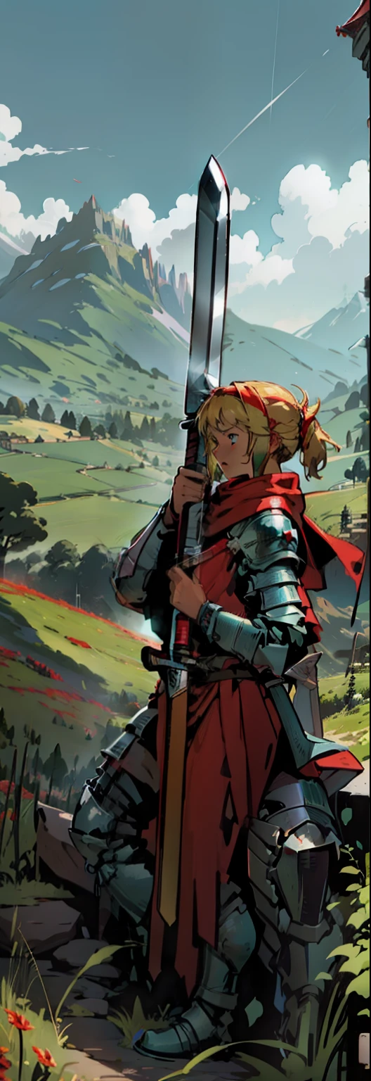 holy warior, knight, wearing shining armor, sword, pike with thin red flag, over a mountain, green fields, lineart pencil