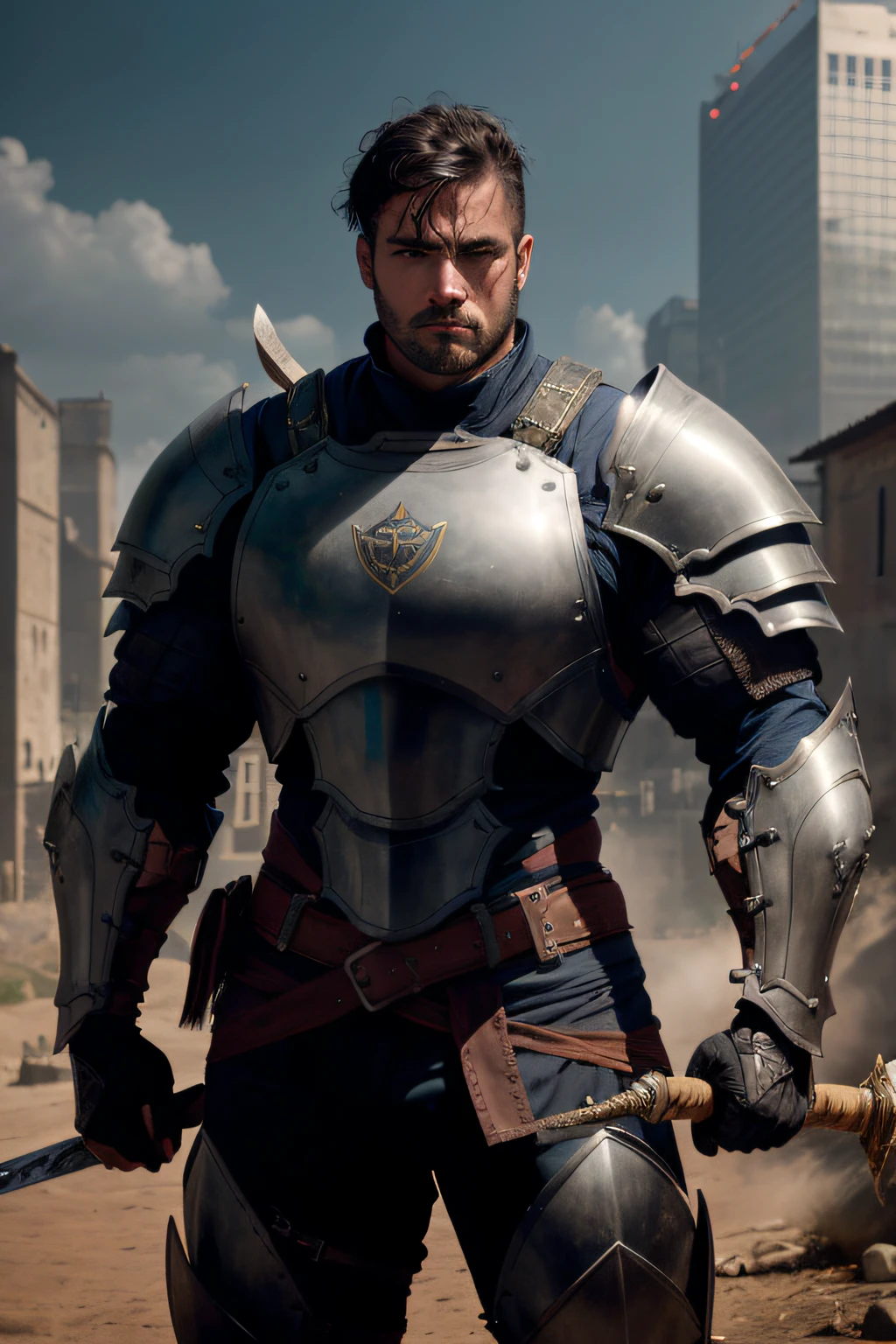 There is a man in armor holding a sword in a city, atraente macho de carne com armadura, macho atraente com armadura, cavaleiro medieval masculino robusto, armadura grossa, Full steel armor, steel armor, cavaleiro da fantasia forte, guerreiro de fantasia em armadura completa, armadura medieval do poder do cavaleiro, steel armor, intimidante armadura de corpo inteiro, personagem de fantasia octane render, wearing intricate steel armor, olhos abertos
