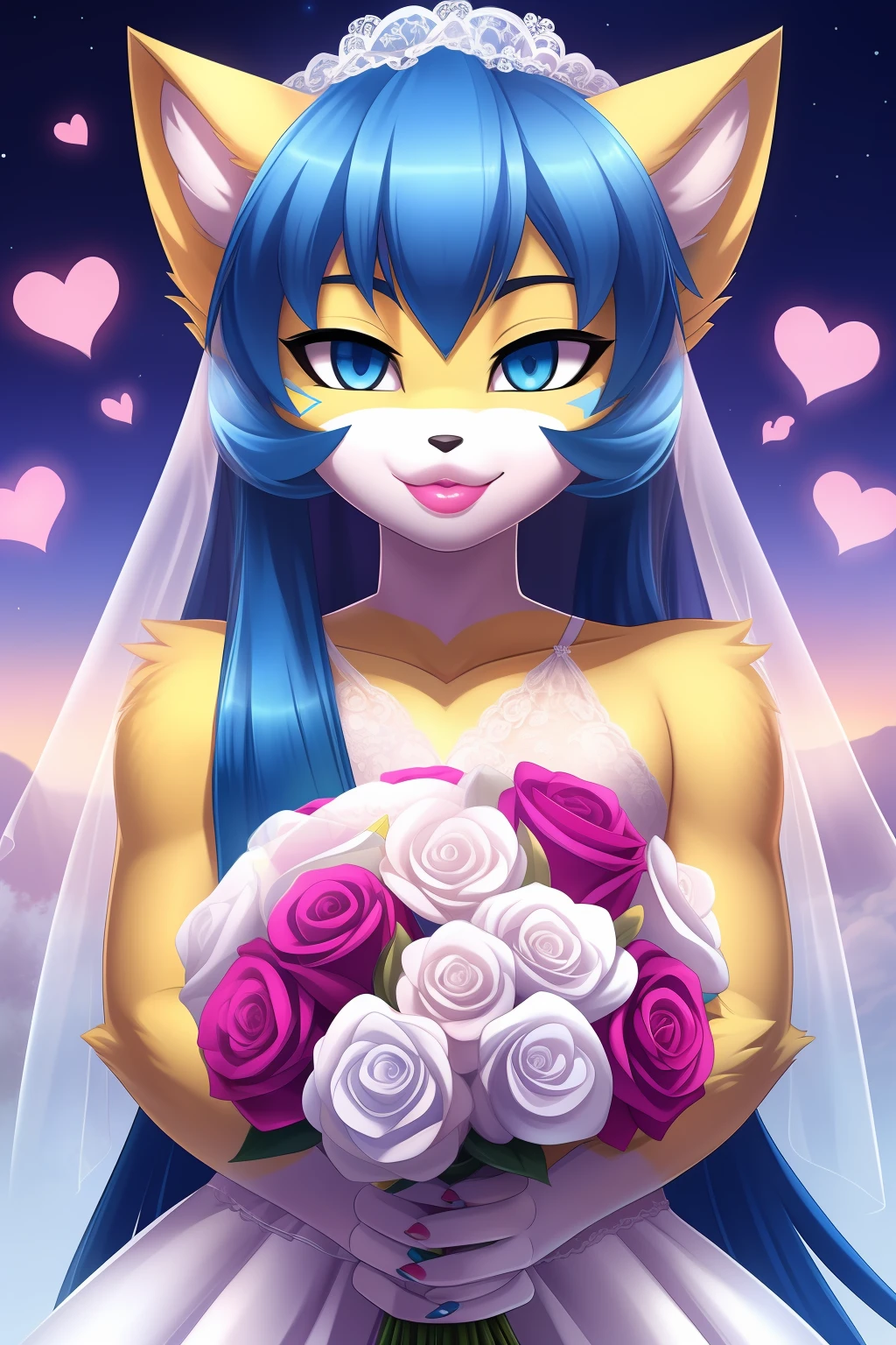 masterpiece, best quality, 8k, Sexy Pachirisu and Zeraora fusion, long hair, messy blue hair, ((white and yellow fur)), furry art, anthropomorphic Pokémon, male, blue eyes, (perfect eyes), (perfect lips), (detailed eyes), detailed lips, hair blowing in the wind, white fluffy tail, ((white and blue bangs)), femboy, fursona art, cross dressing, (white face veil), lace veil, wedding dress, pink lipstick, bedroom eyes, hearts eyes, aroused, kiss pov, holding a wedding bouquet, floating hearts, pink mist, romantic fantasy, sweet smile, kissable lips