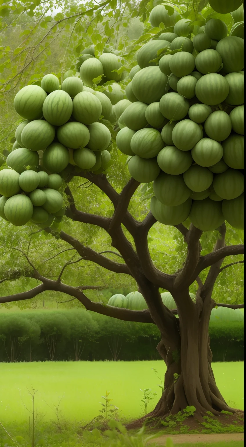 A tree overgrown with large watermelons